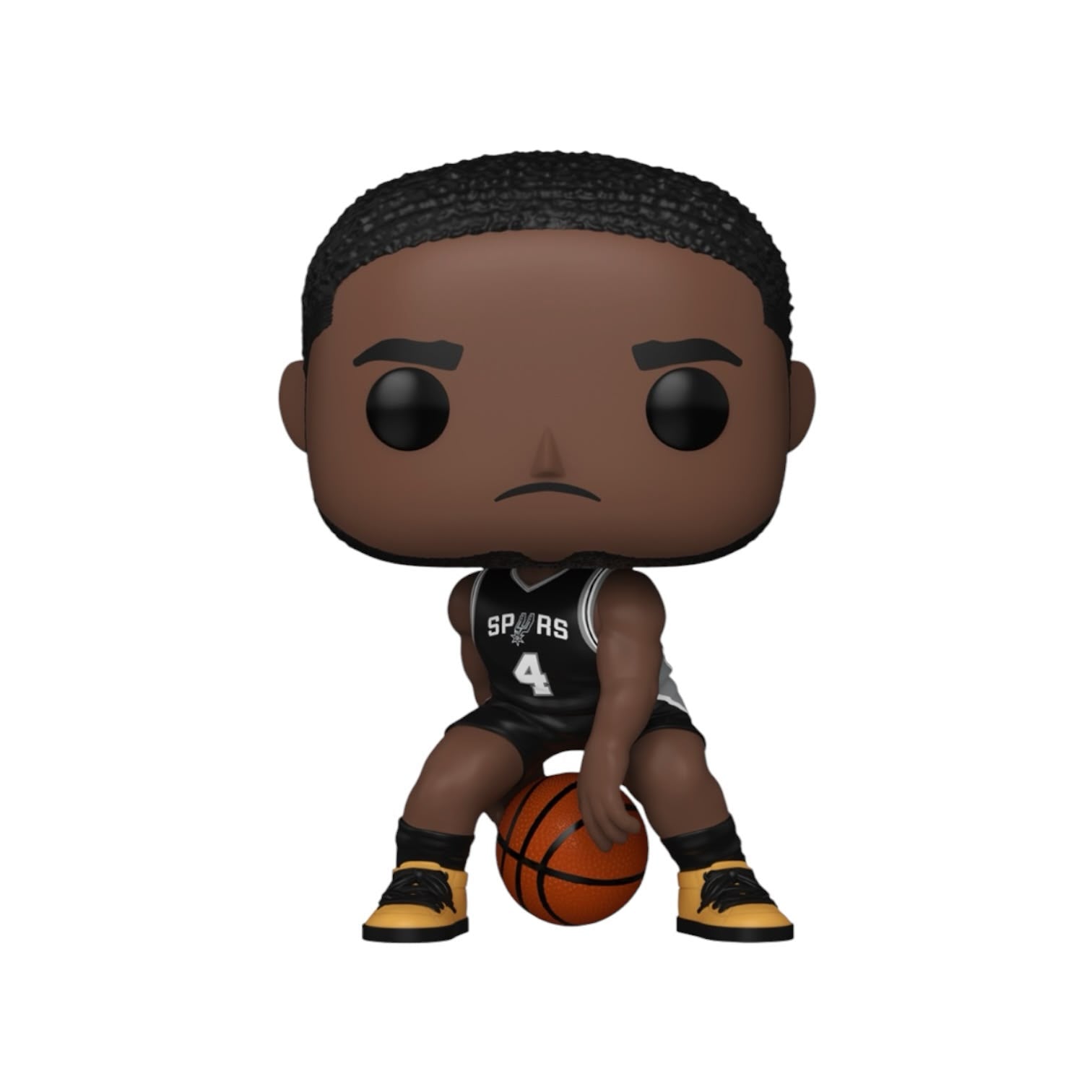 Basketball player figurine with a black jersey holding a basketball on a white background