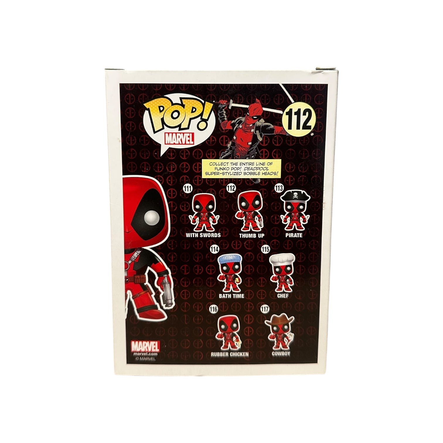 Funko Pop! Marvel Deadpool action figure packaging with character illustrations on a white background