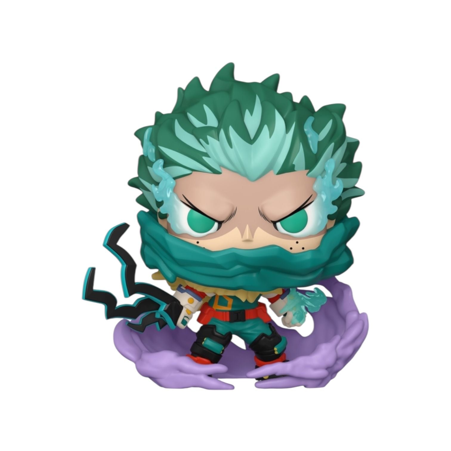 Animated character figurine with green hair and purple base on a white background
