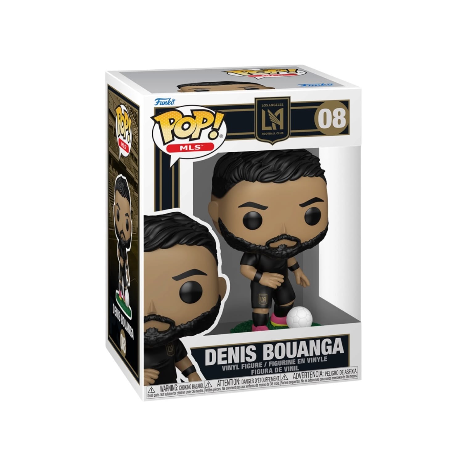 Funko Pop! vinyl figure of Denis Bouanga, number 08 from the Los Angeles Lakers, shown in its original window box packaging against a white background.