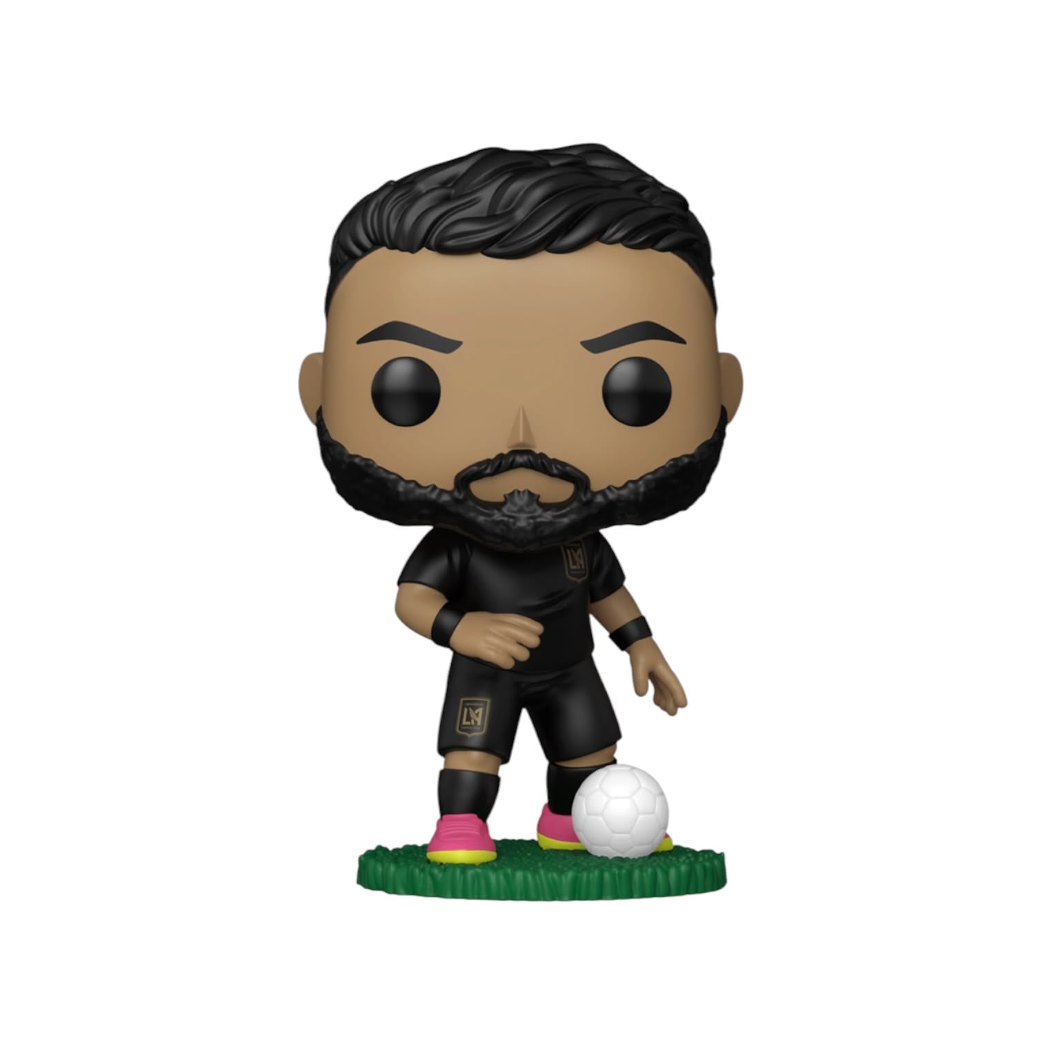 A Funko Pop! vinyl figure of a bearded soccer player in a black jersey and shorts, standing on a green grass base next to a white soccer ball.