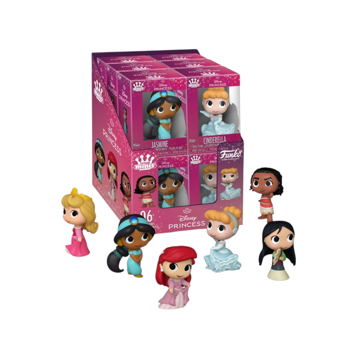 Box of Disney Princess figurines with multiple characters displayed in front.