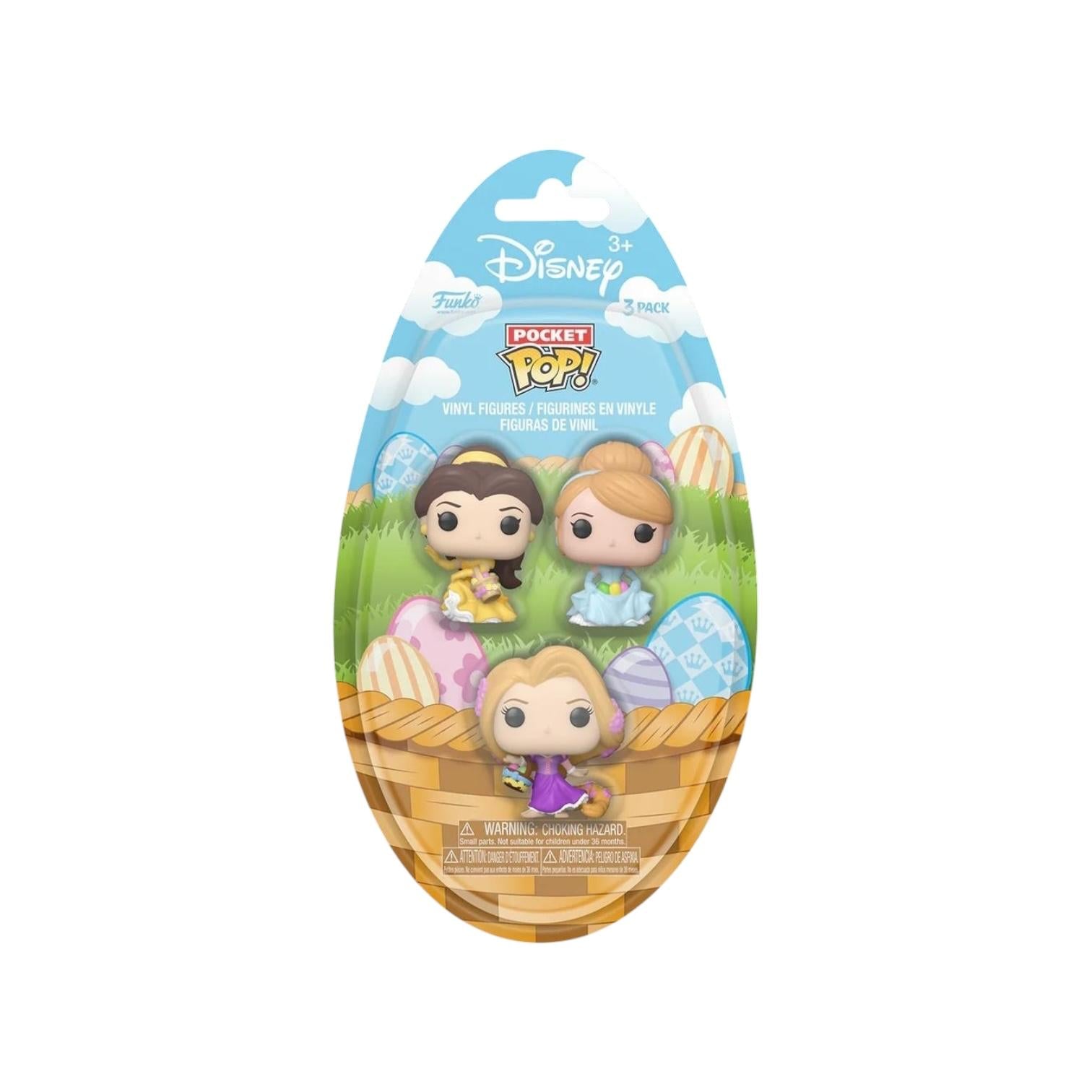 Funko Pocket Pop 3-pack featuring Disney Princesses in Easter-themed outfits, perfect for collectors and fans.
