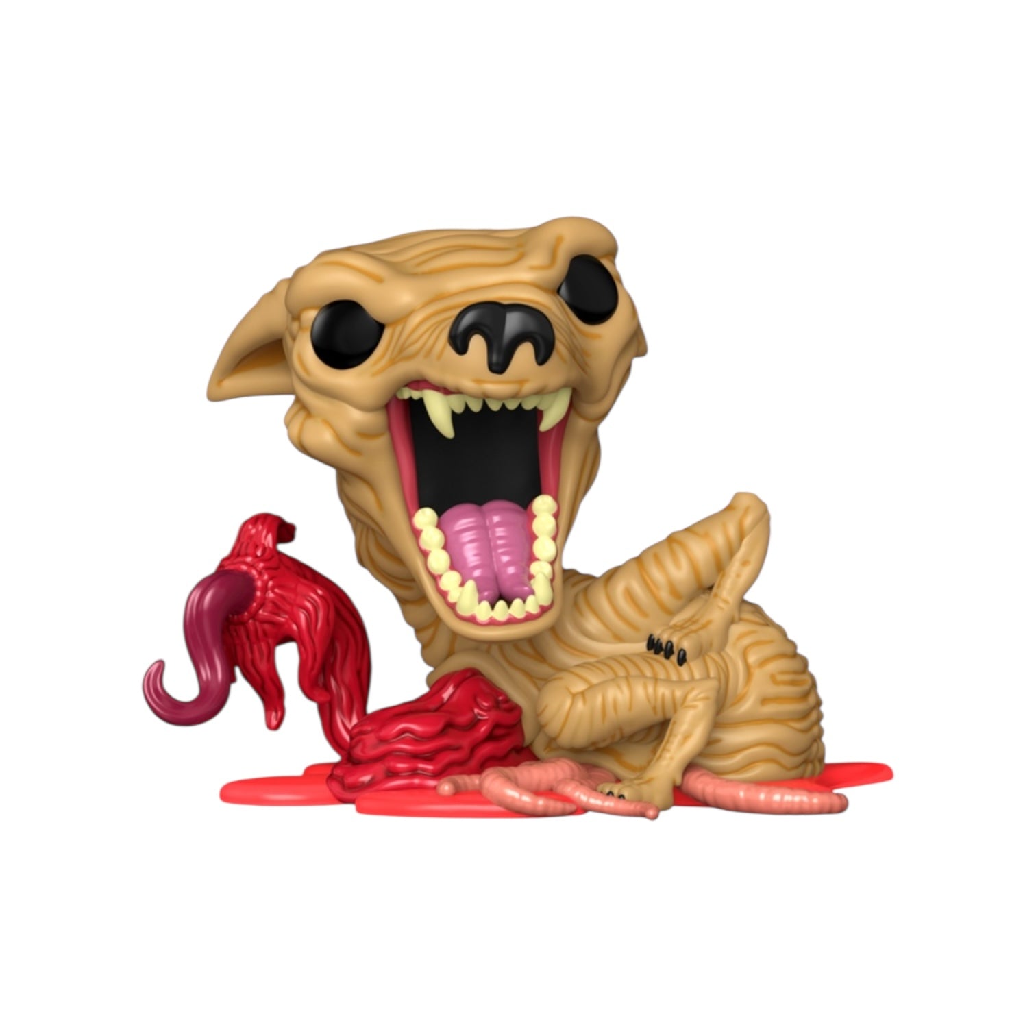 Toy figure of a creature with a red tongue and red base on a white background