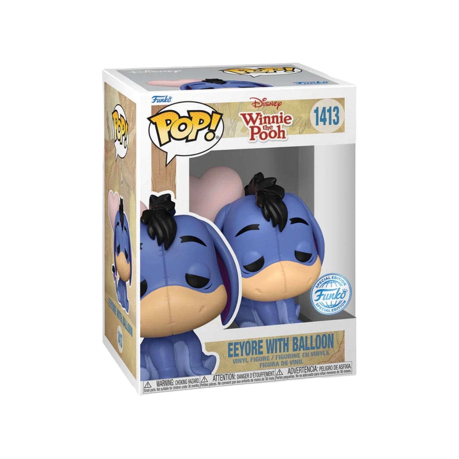 Exclusive Eeyore Funko Pop! figure from Disney's Winnie the Pooh, featuring Eeyore with a colorful balloon.