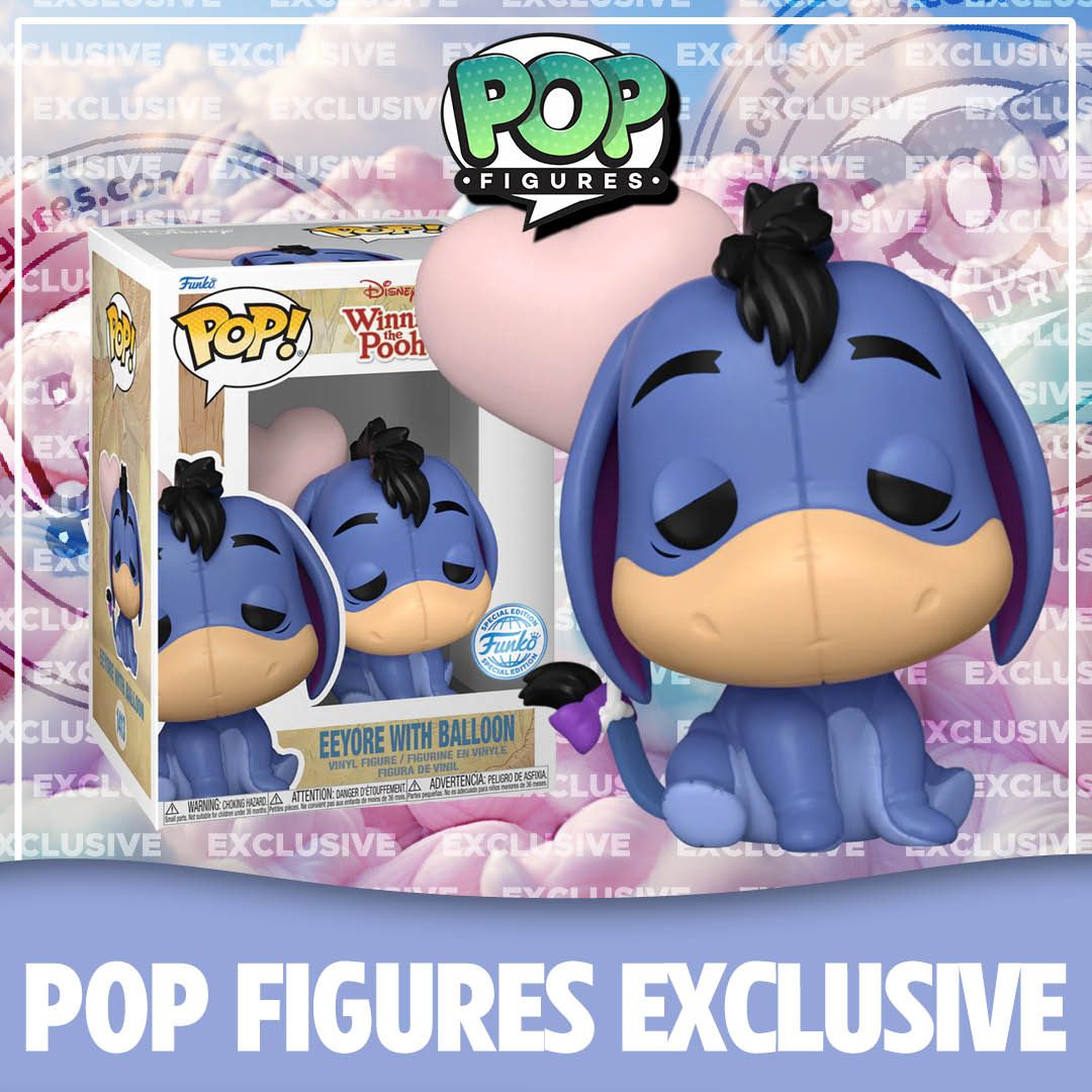 Exclusive Eeyore Funko Pop! figure from Disney's Winnie the Pooh, featuring Eeyore with a colorful balloon.