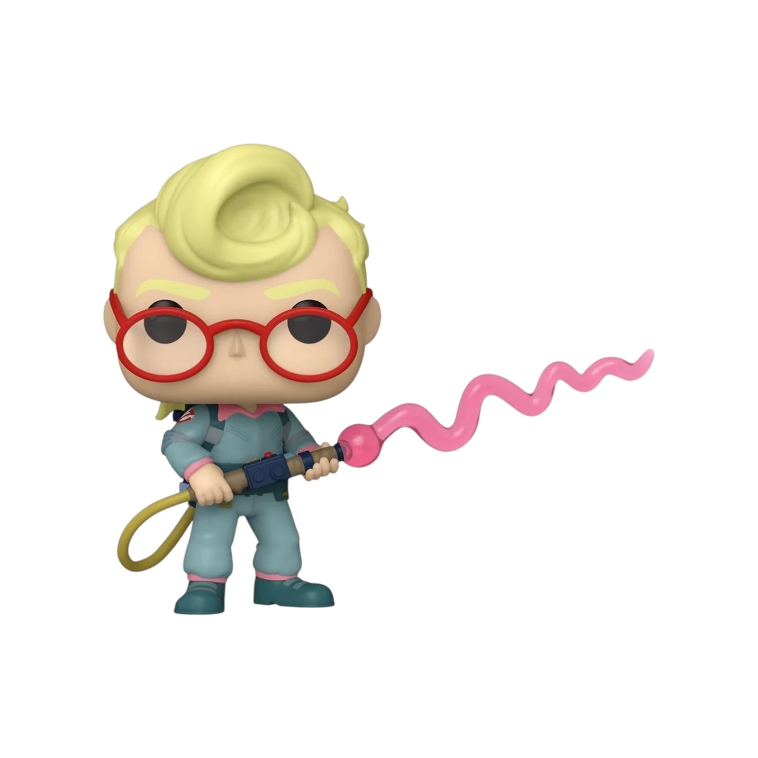 Egon in his green overalls holding his ghost busting equipment.
