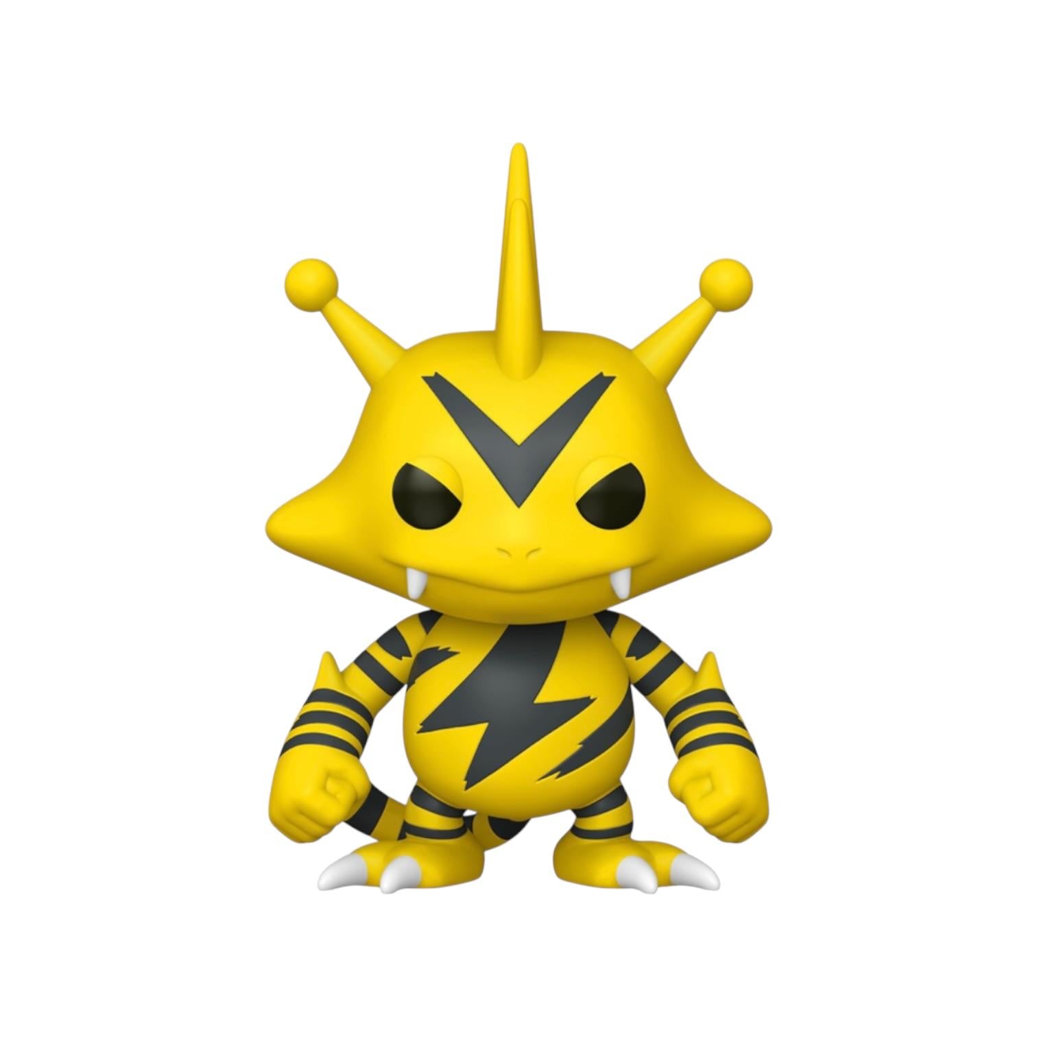 Yellow and black cartoon character with horns on a white background