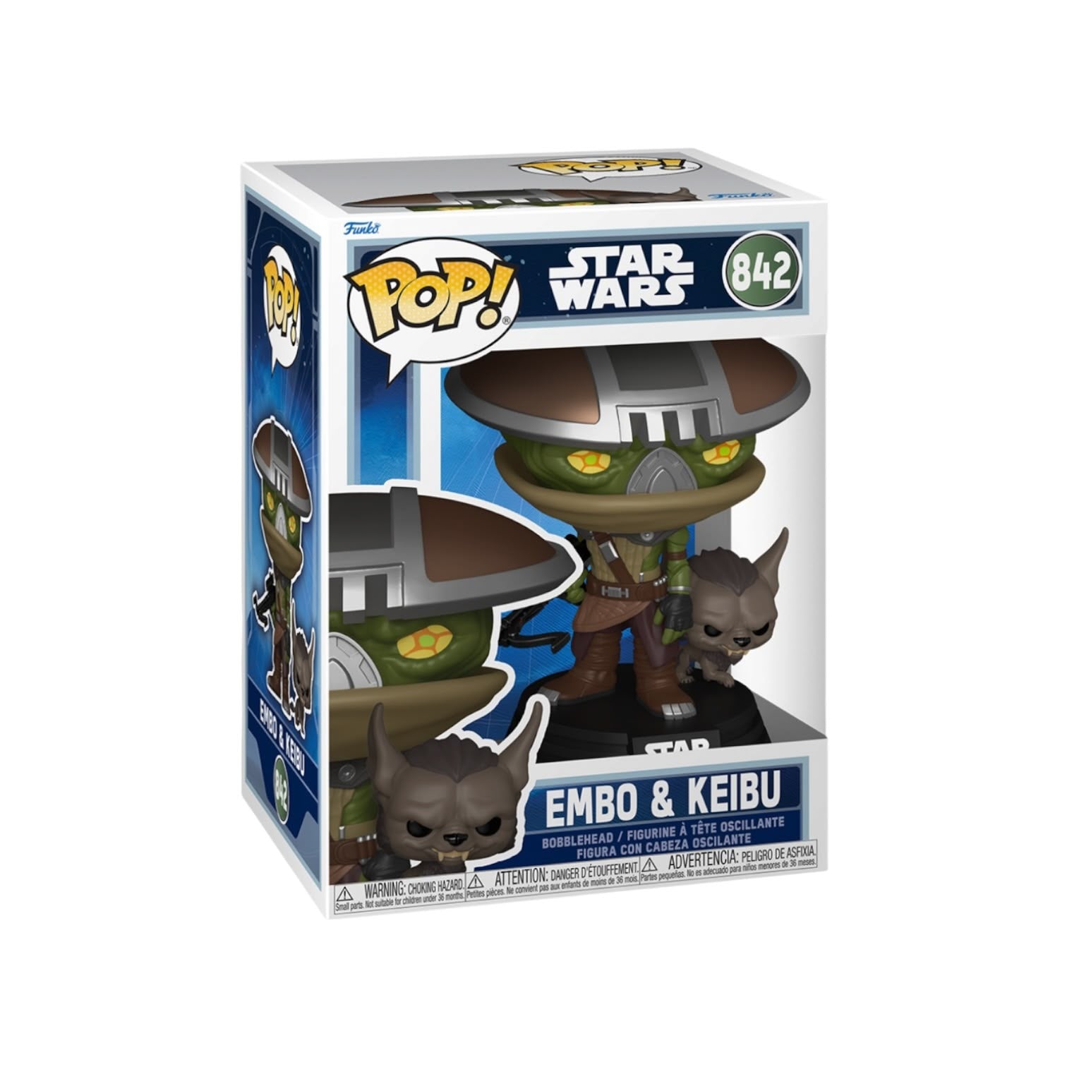 Funko Pop! Star Wars: Embo & Keibu collectible figure in its original window box packaging, featuring the green-skinned Embo and brown-haired Keibu on a black base.