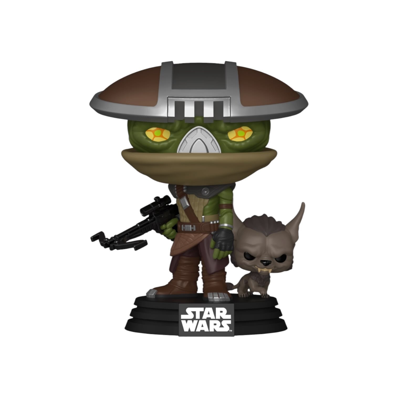 A Star Wars Funko Pop! vinyl figure of a green-skinned warrior with a brown helmet-like headpiece, holding a black blaster, standing beside a small gray creature on a black base with the Star Wars logo.