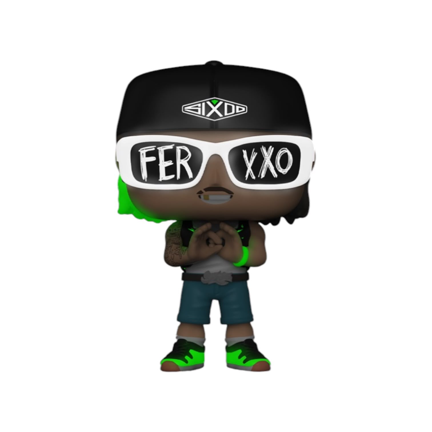 A stylized vinyl figure of a person wearing a black cap with a white SIXDD logo, white sunglasses with black lettering, a gray shirt, dark blue shorts, and neon green sneakers, shown against a plain white background.