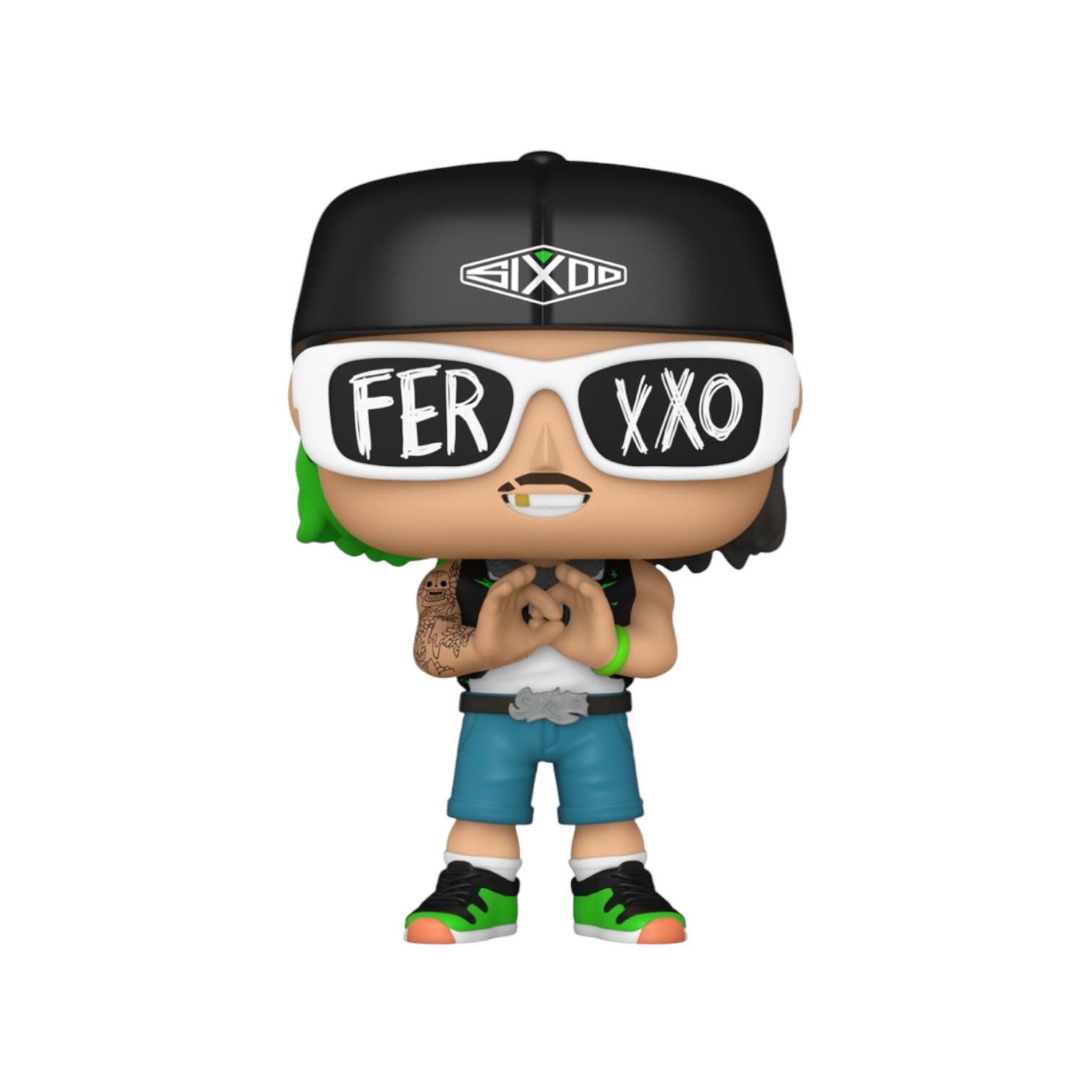 A Funko Pop! vinyl figure of Sixx from the band FXD, wearing a black cap with a white logo, white sunglasses with 'FER XXO' text, blue shorts, and green and black sneakers, set against a plain white background.