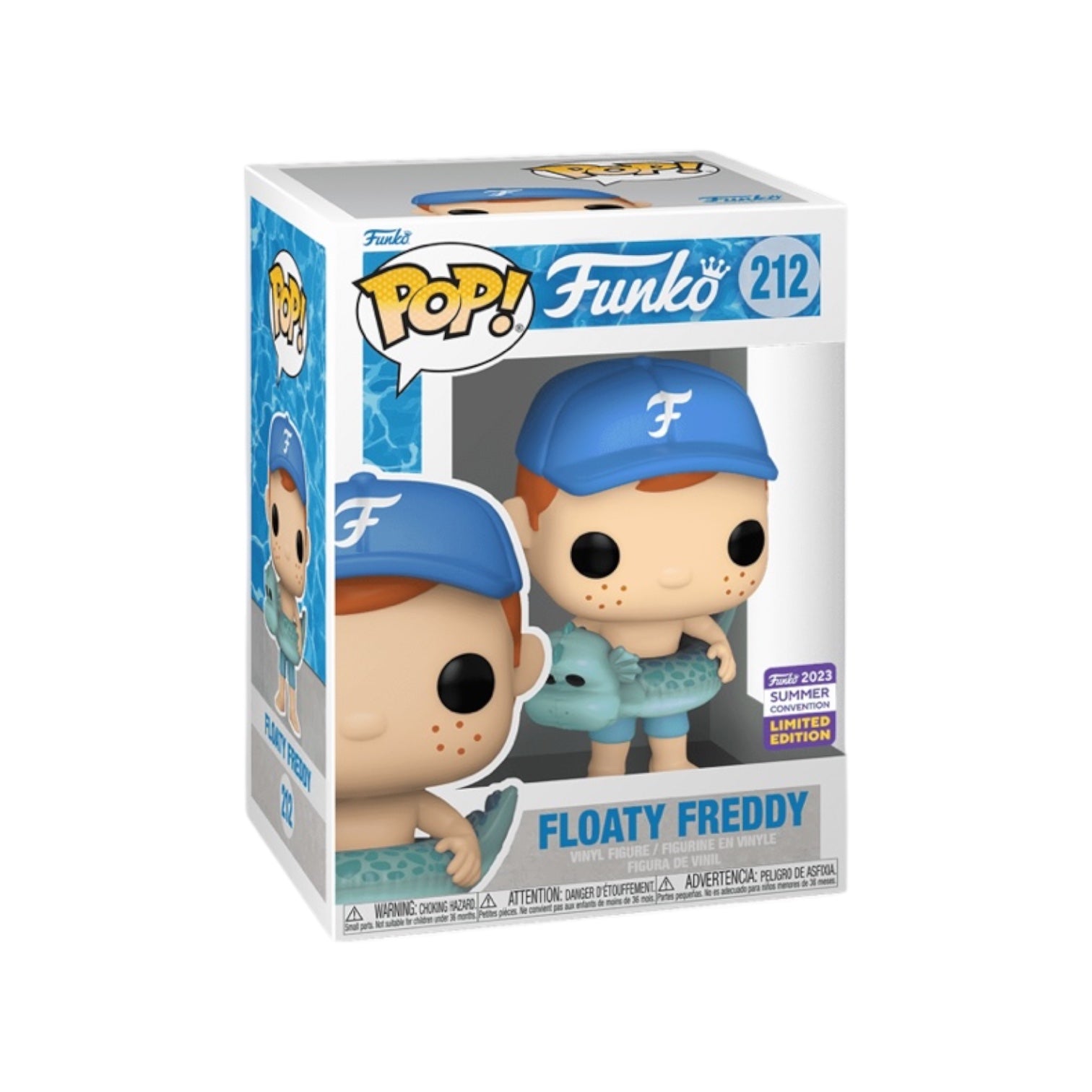 Freddy Funko in a green loch ness monster pool float with a blue funko cap on. 