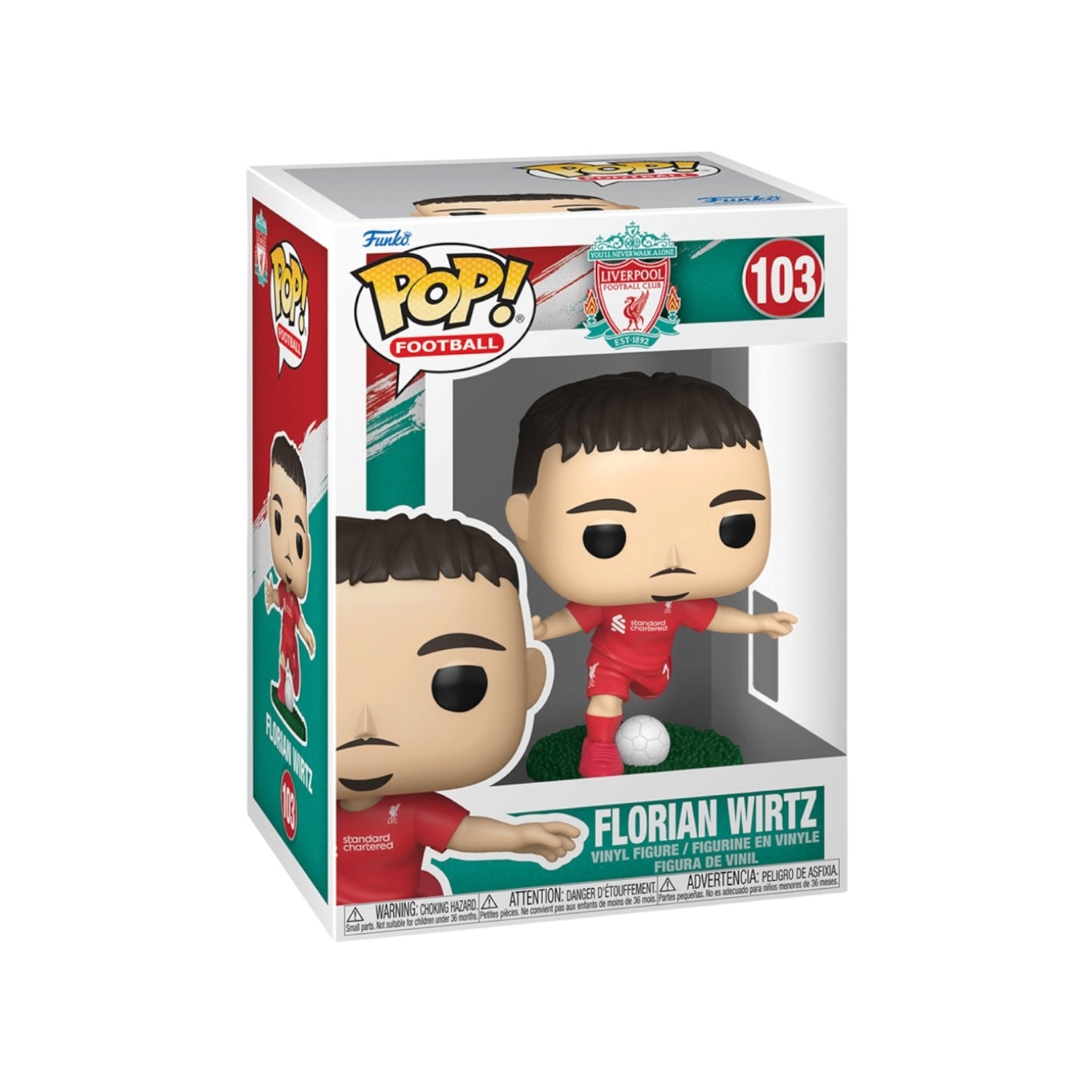 Funko Pop! Football vinyl figure of Florian Wirtz, number 103, in its original packaging. The figure is depicted wearing a red Liverpool jersey and standing on a green patch of grass with a white soccer ball.