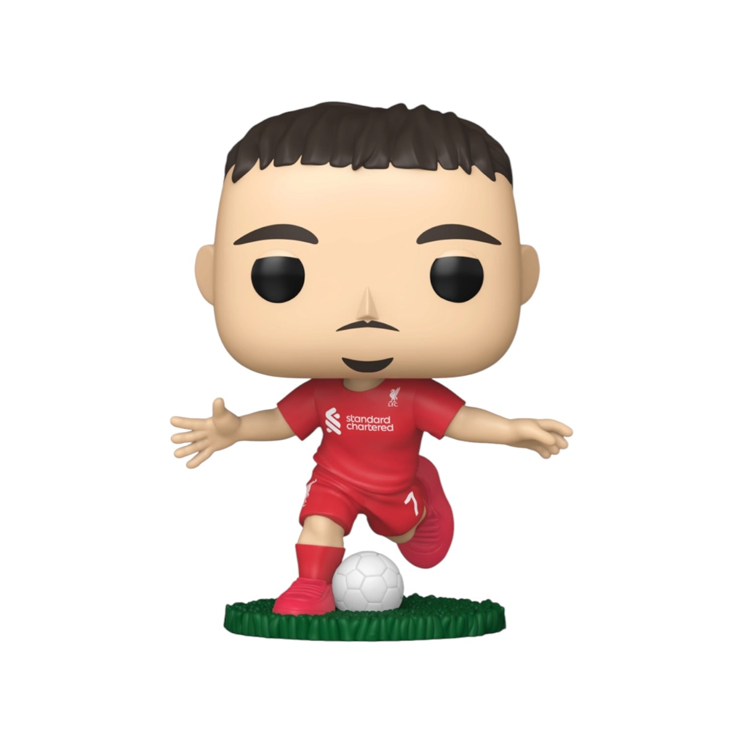 A Funko Pop! vinyl figure of a soccer player in a red Liverpool jersey, standing on a small green grass base with a white soccer ball in front, isolated on a white background.