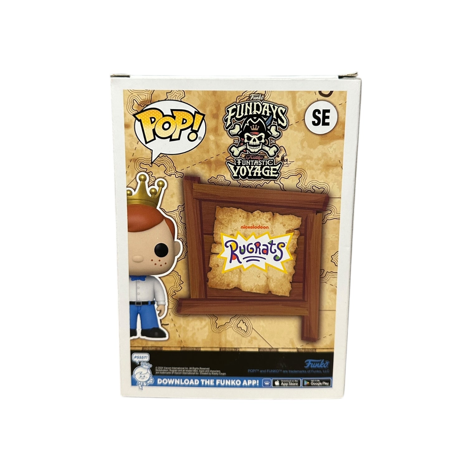 Funko Pop! packaging featuring a character and a wooden panel with 'Rugrats' logo on a beige background.