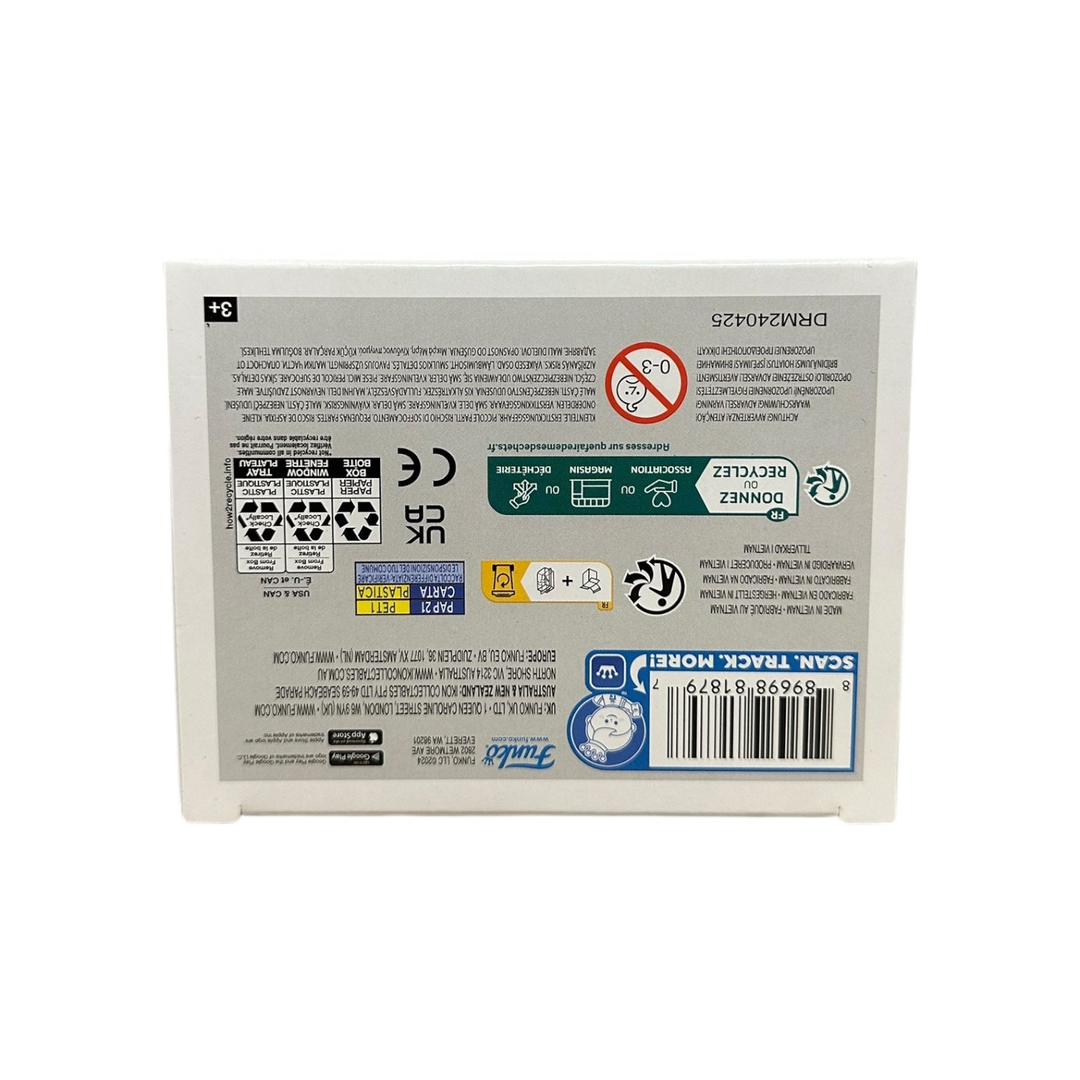 Back of a product packaging with various labels and symbols on a white background