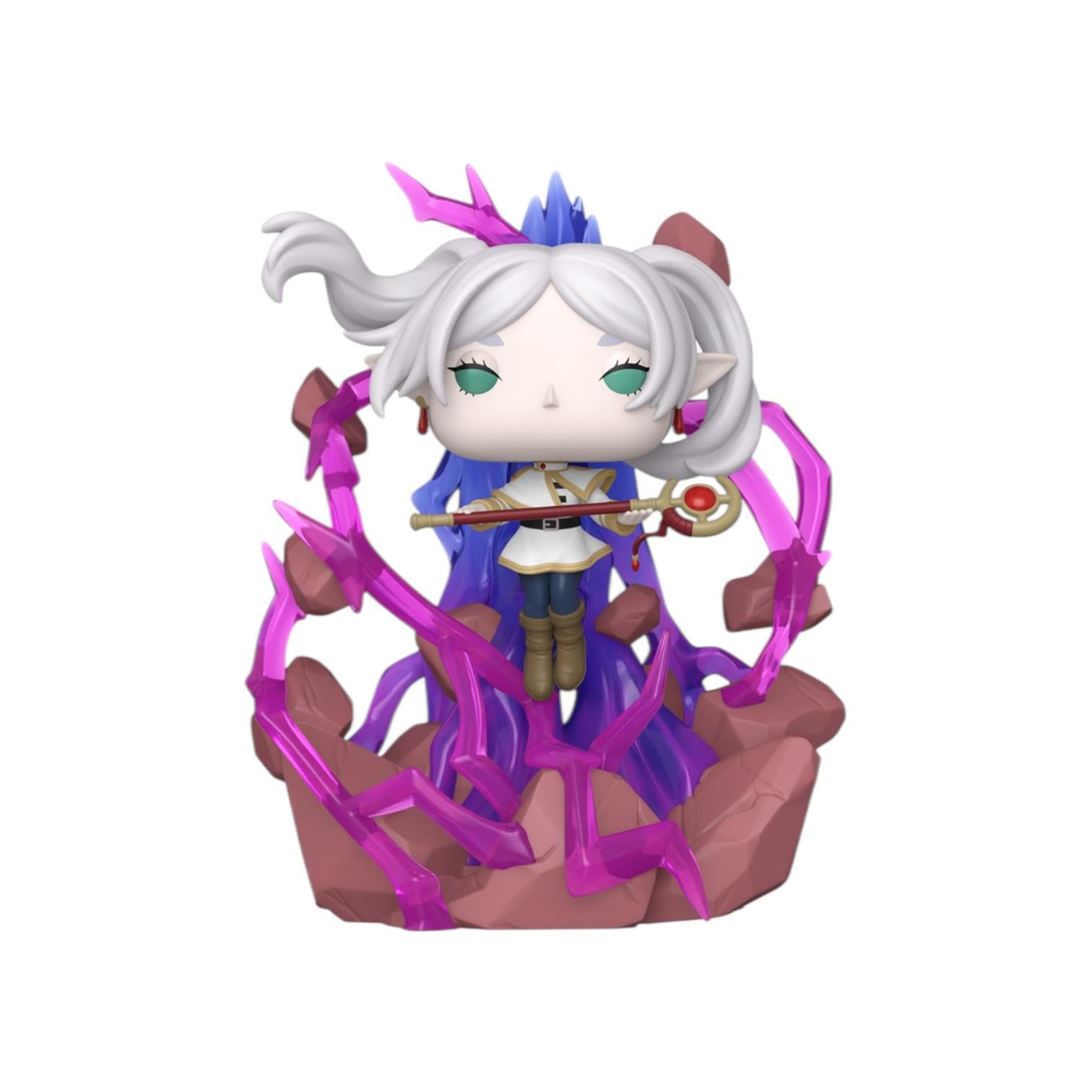 Animated character figurine with white hair and purple accents on a white background