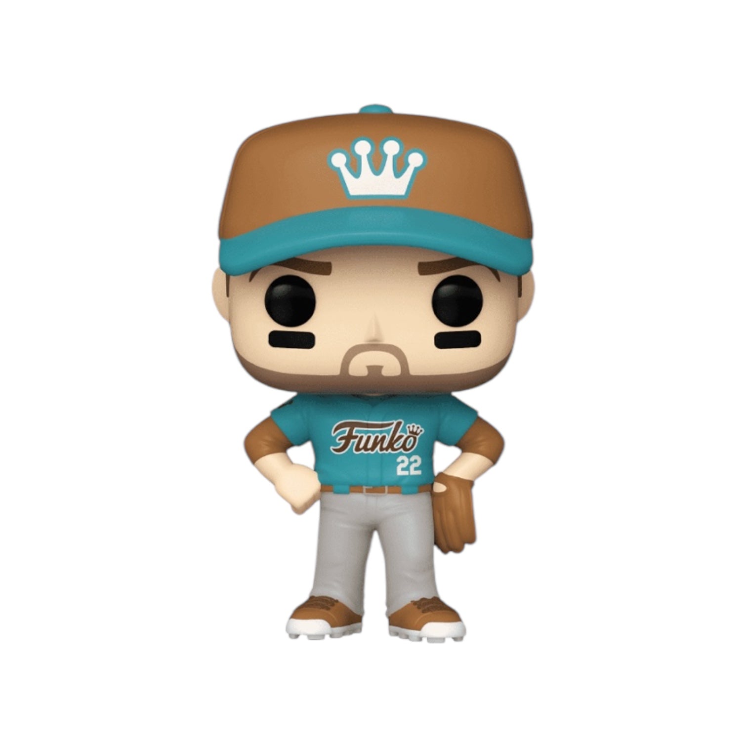 Funko Player standing with hands on hips with a blue Funko baseball shirt on, a blue and brown cap and a baseball mitt on.