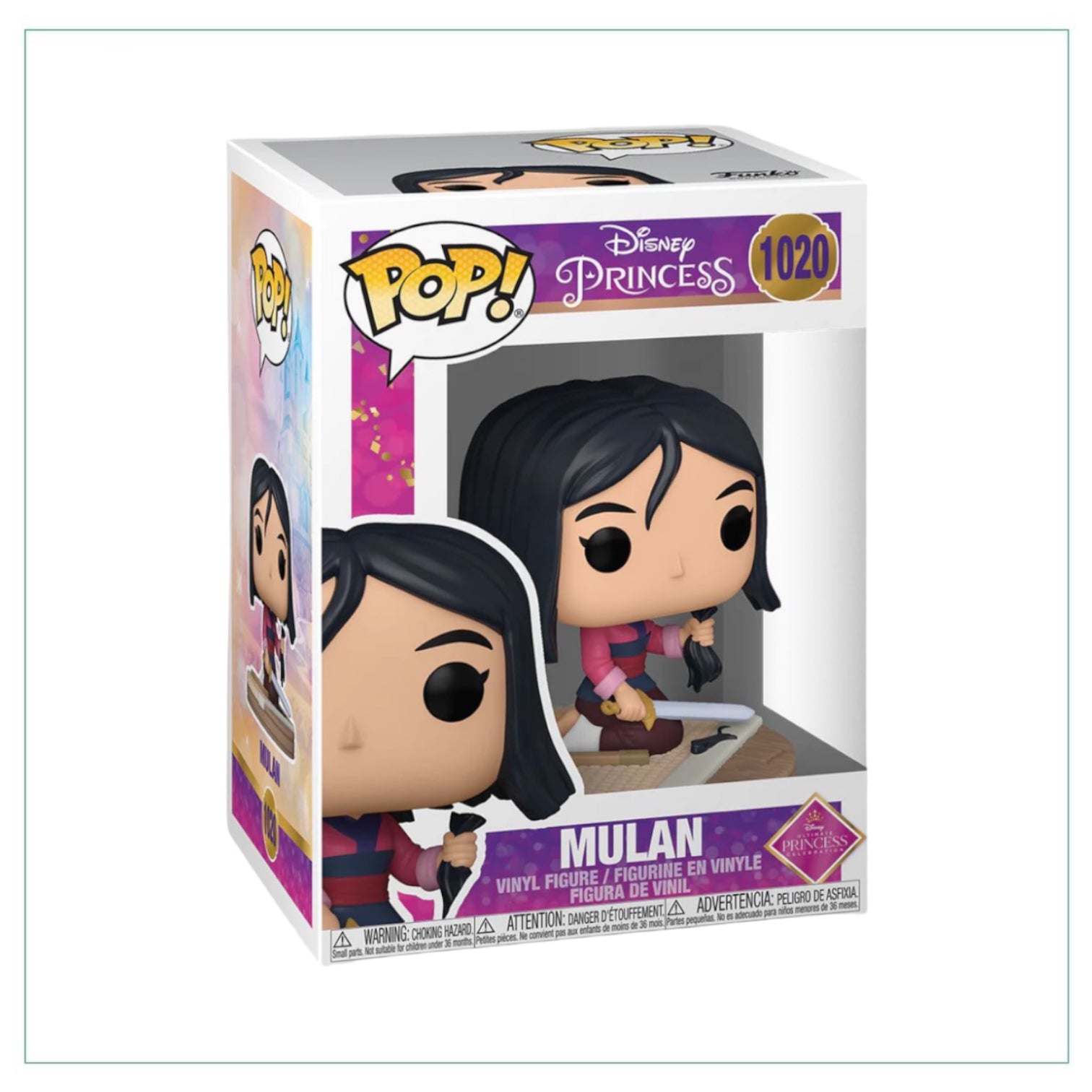 Funko Pop! figure of Mulan in warrior attire, holding a sword, part of the Disney Princess collection.