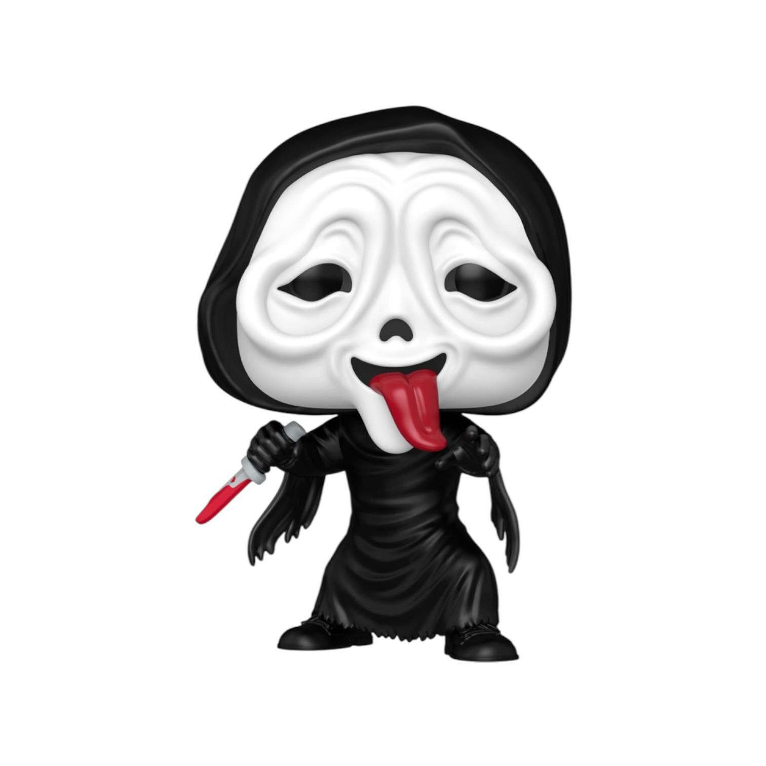 Toy figure of a character with a white face, black hood, and red tongue holding a red blade on a white background