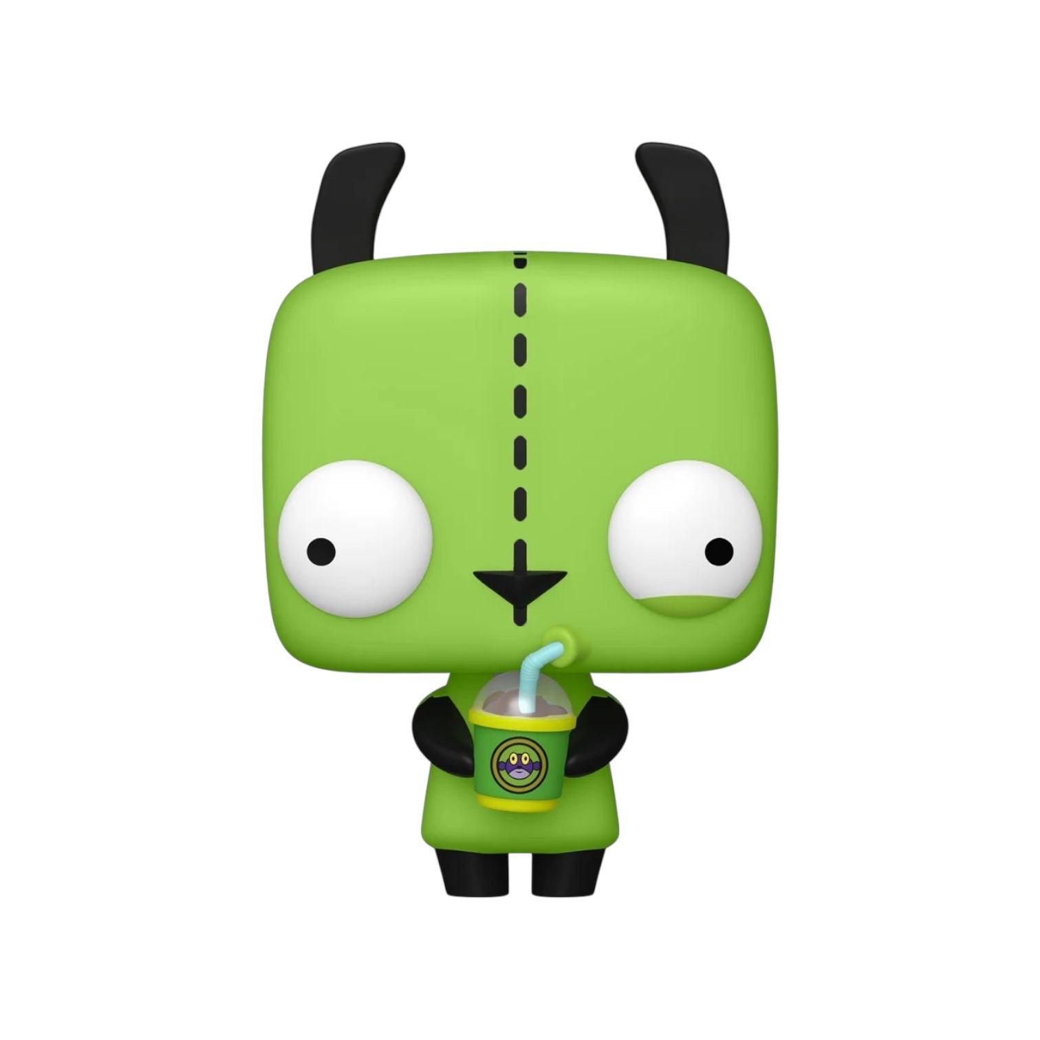 Green cartoon character with a drink on a white background