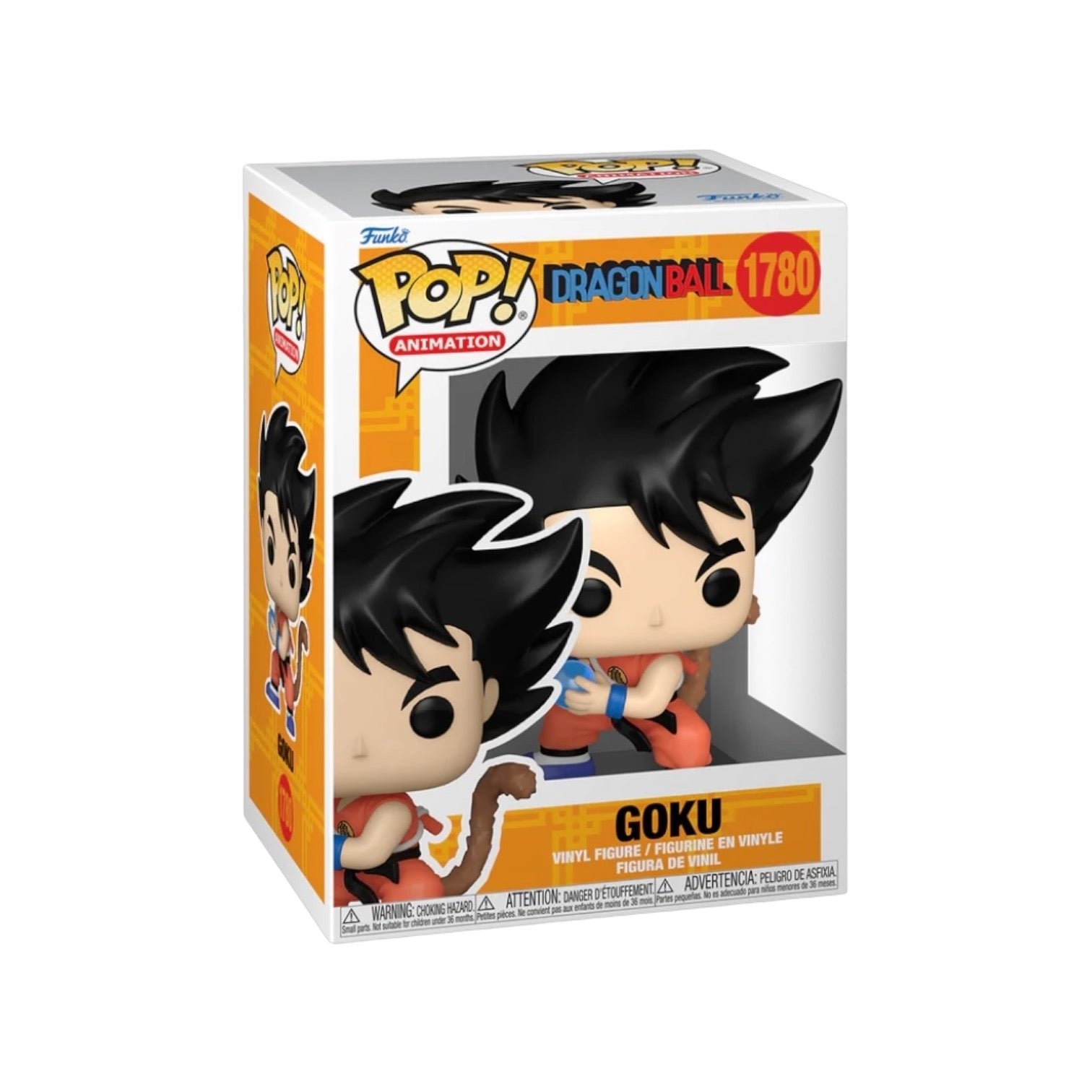 Goku with a tail as a Funko Pop! figure, showcasing his iconic orange gi and spiky hair from Dragon Ball.