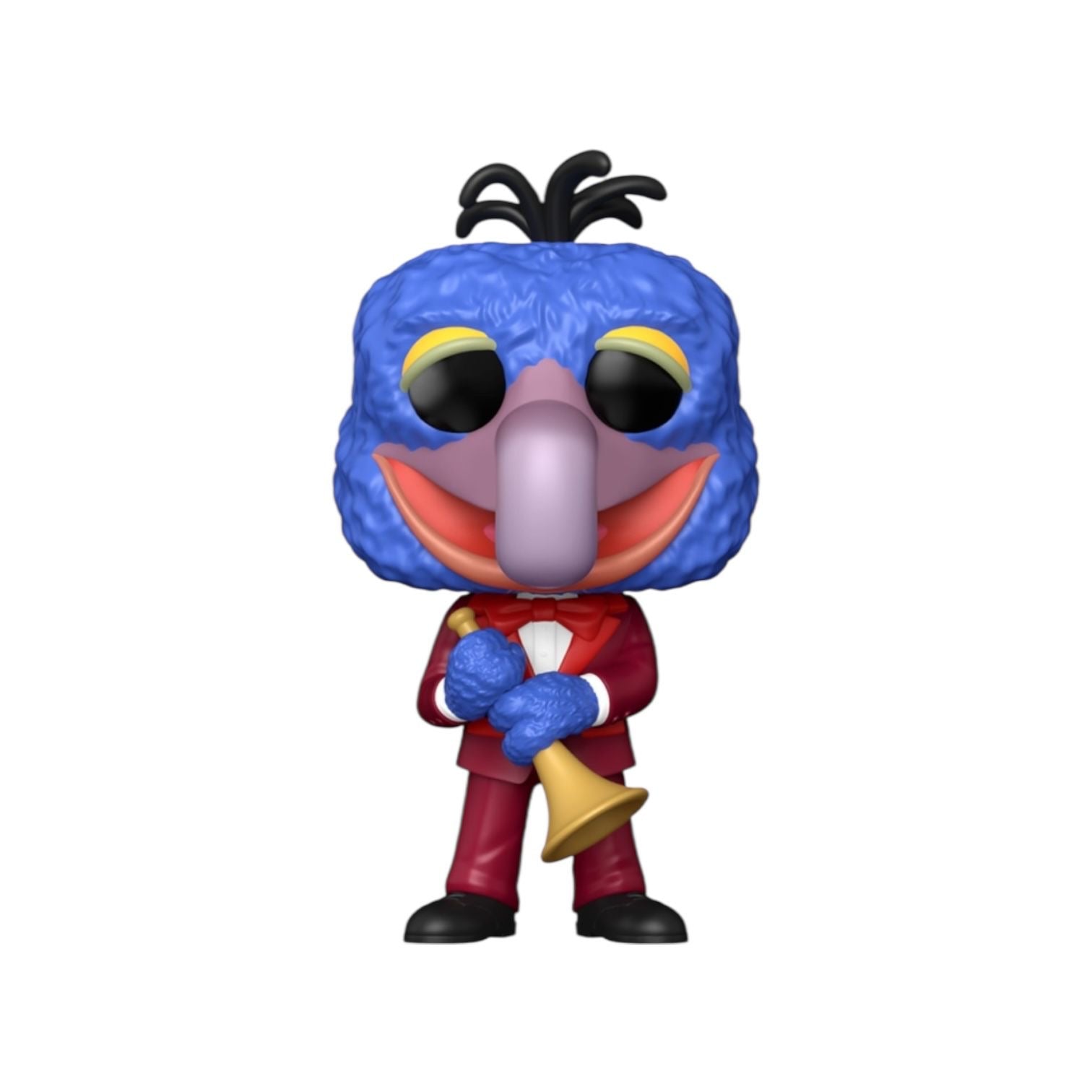 Animated character with blue head, red suit, and holding a trumpet on a white background