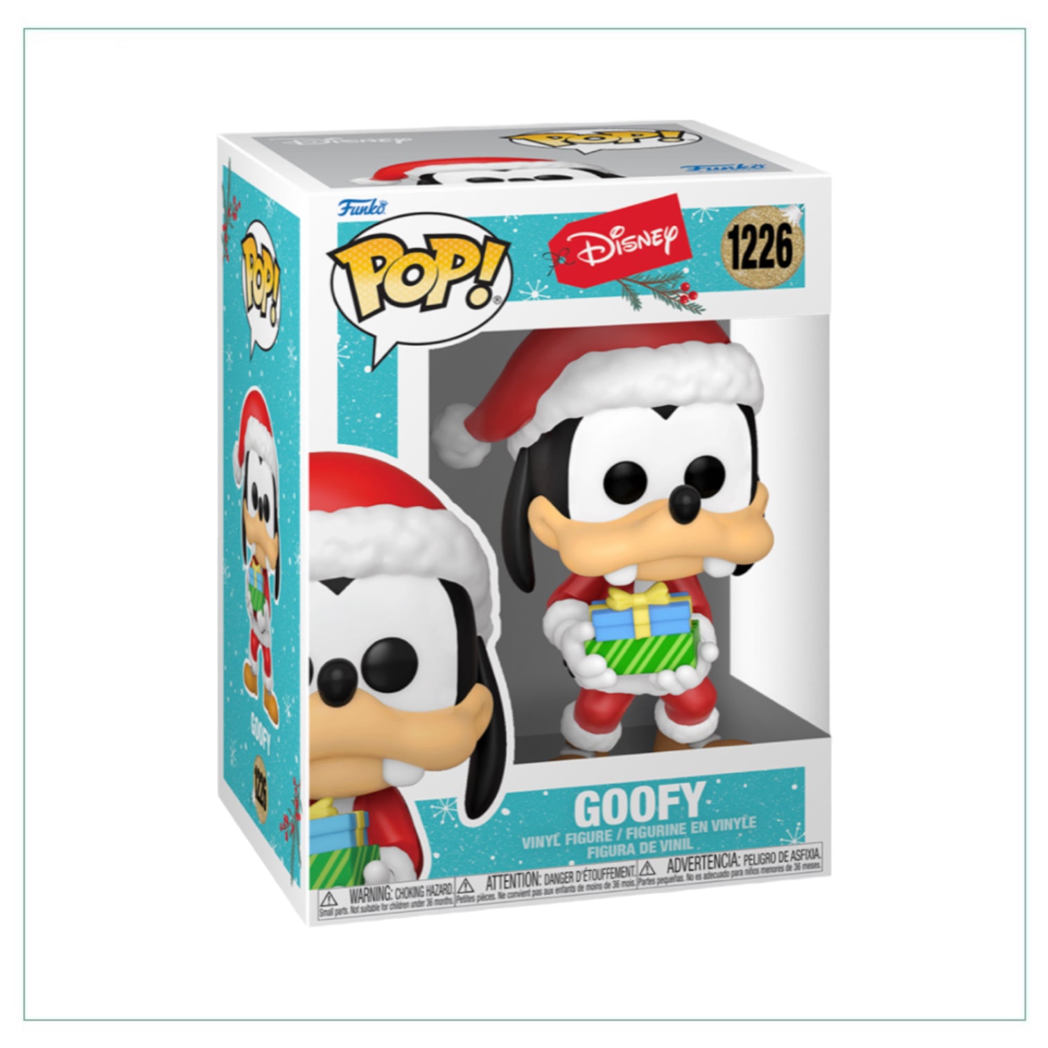  Goofy #1226 Funko Pop! figure dressed in a festive holiday outfit, smiling with a Santa hat and colorful decorations.