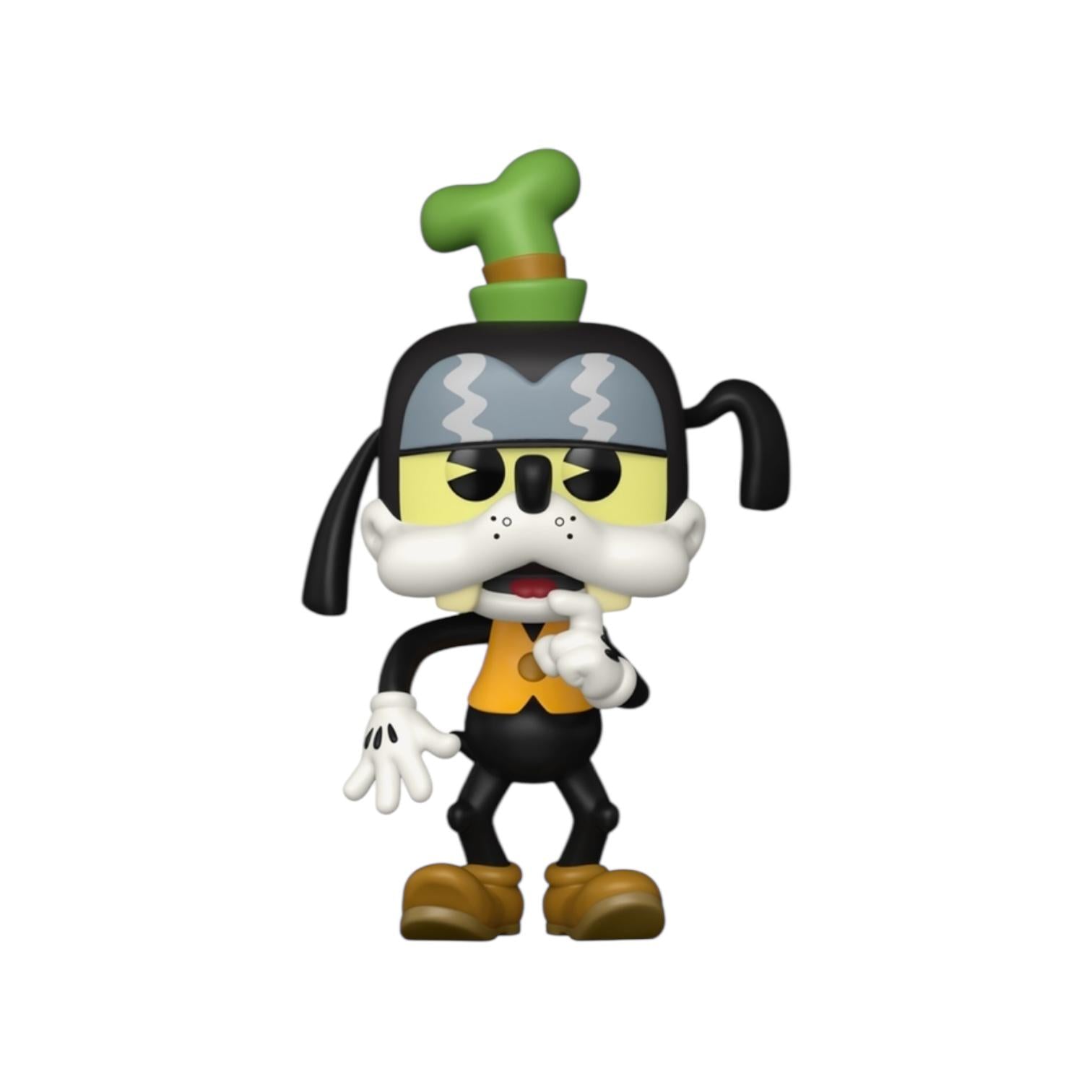 Animated character with a green hat and black outfit on a white background