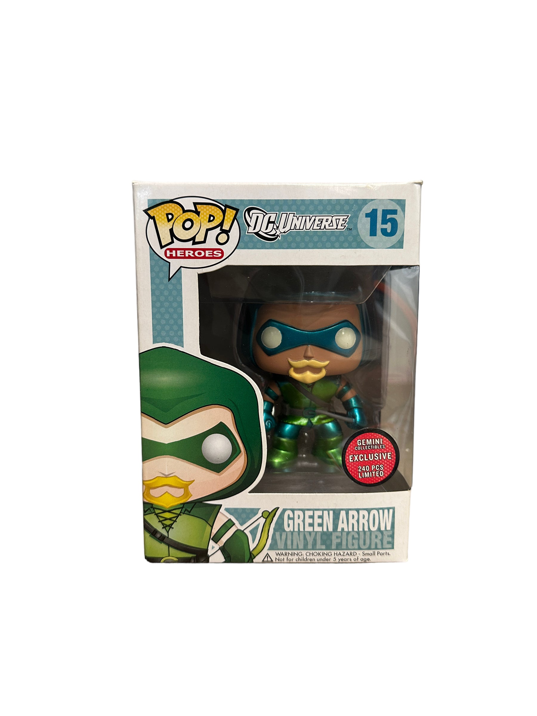 Green Arrow #15 Funko Pop! in metallic finish, DC Universe, exclusive to Gemini Collectibles, condition 7/10, limited edition.

