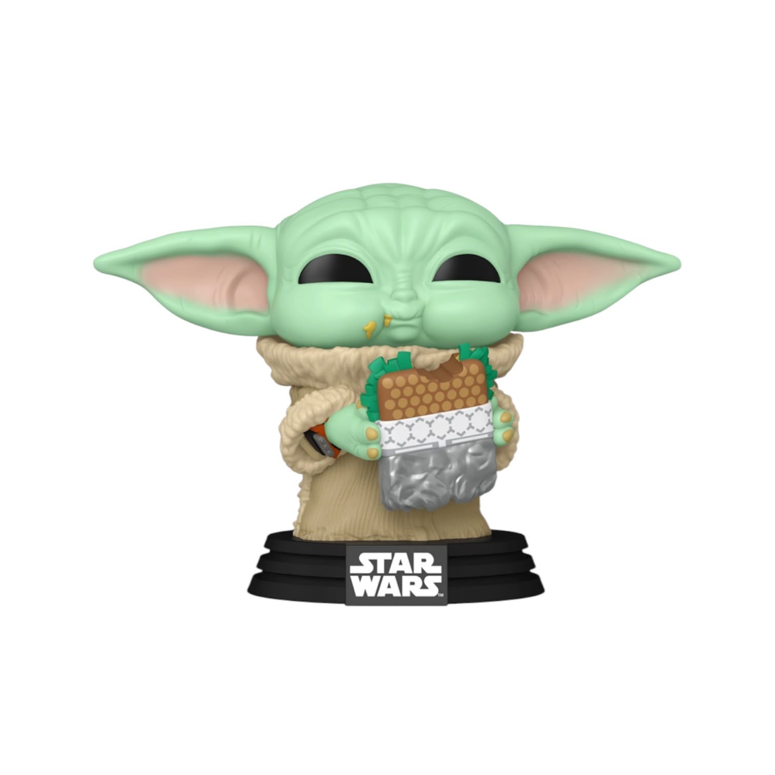 A Star Wars Funko Pop! vinyl figure of Grogu (The Child) holding a sandwich, standing on a black base with the Star Wars logo. The figure has green skin, large pointed ears, and a beige robe, set against a plain white background.