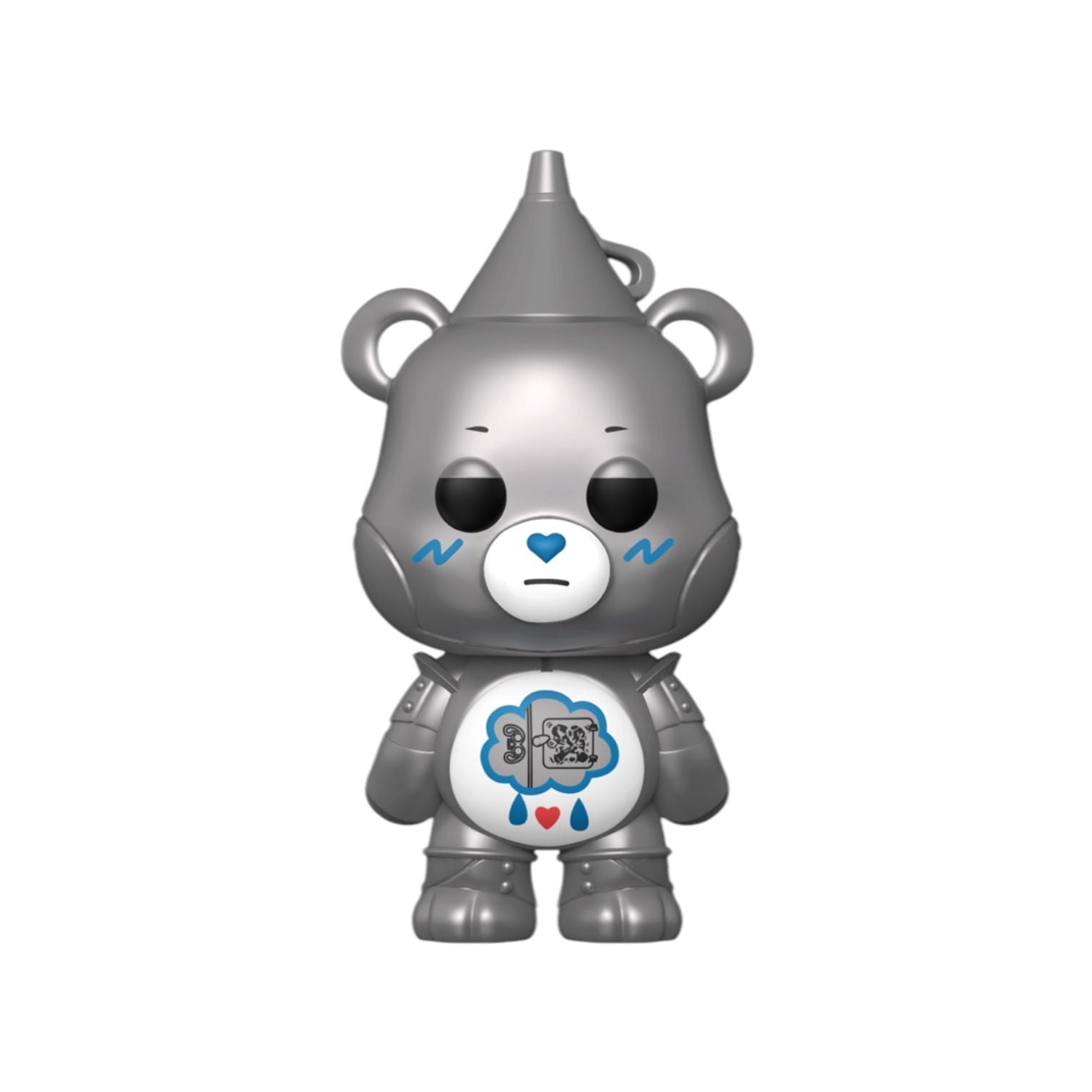 Toy figure of a robot bear with a heart symbol on a white background