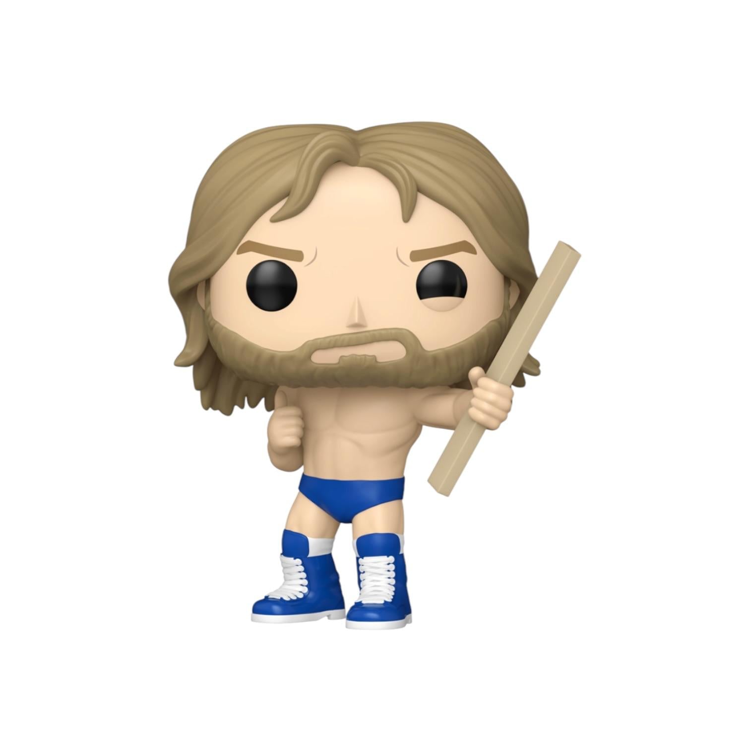 Funko Pop! vinyl figure of a character with long hair and beard, wearing blue trunks and shoes, holding a wooden staff on a white background.