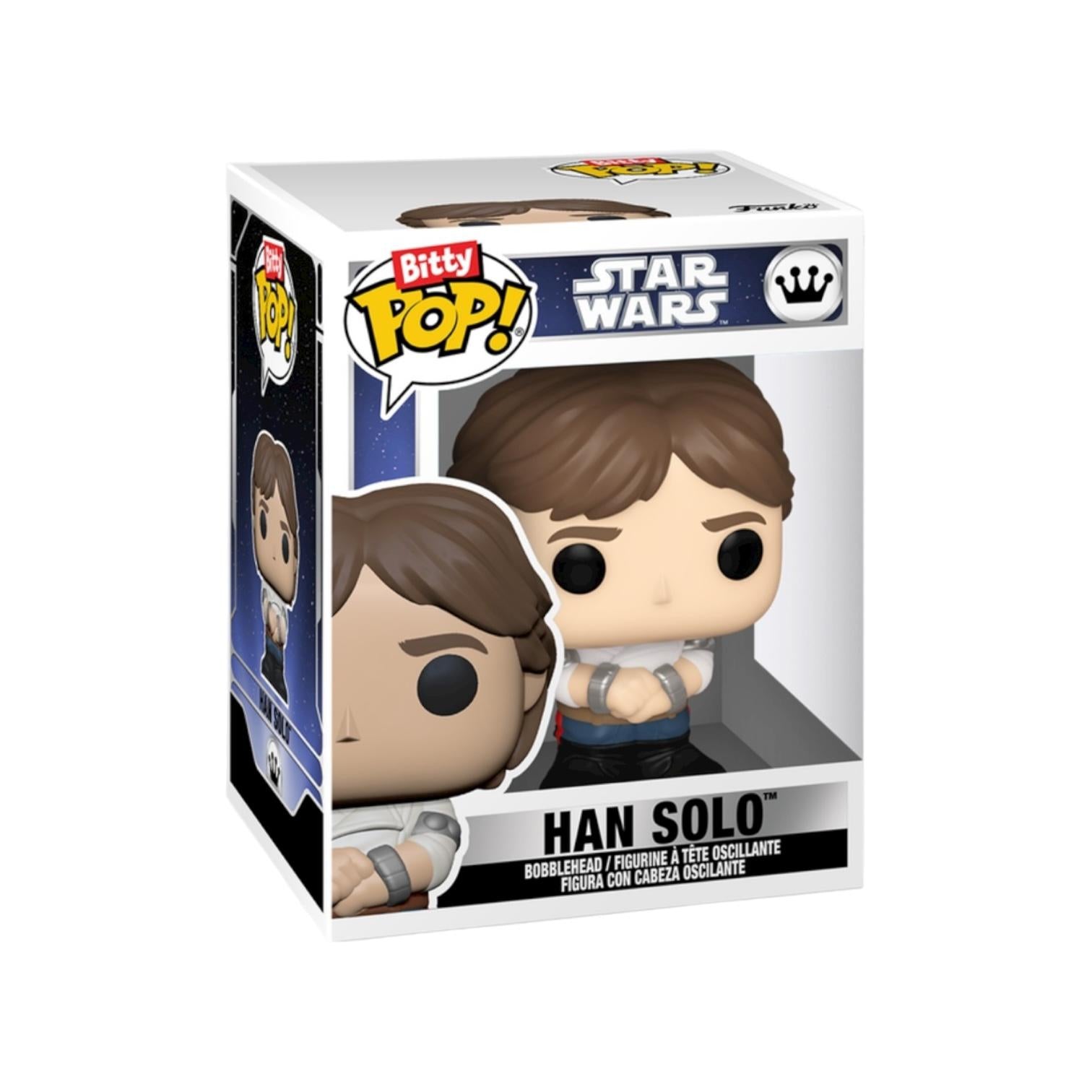 Funko Pop! Han Solo figure packaging with Star Wars branding on a white background