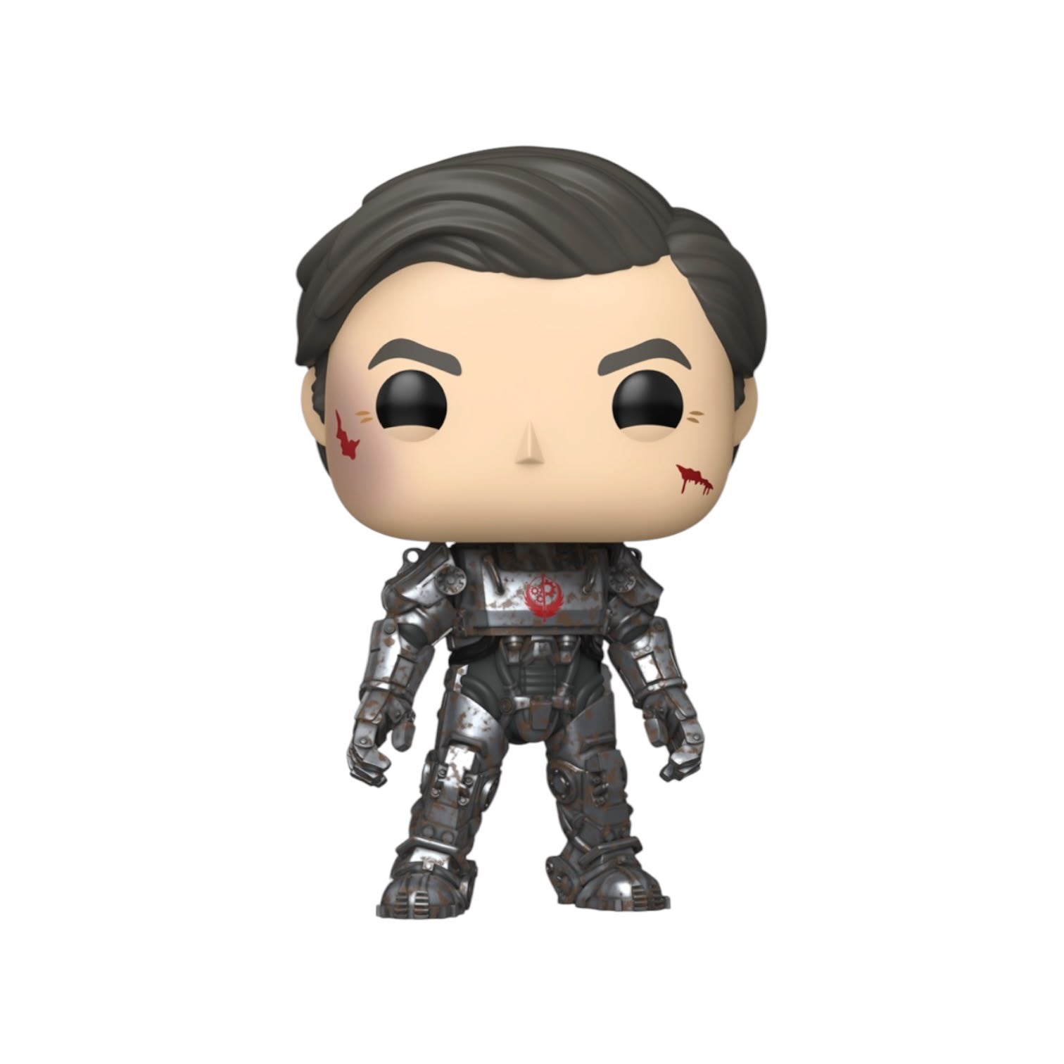 A stylized vinyl figure of a man in dark gray armor with a beige face, black hair, and small red scratch marks on his cheeks, shown against a plain white background.