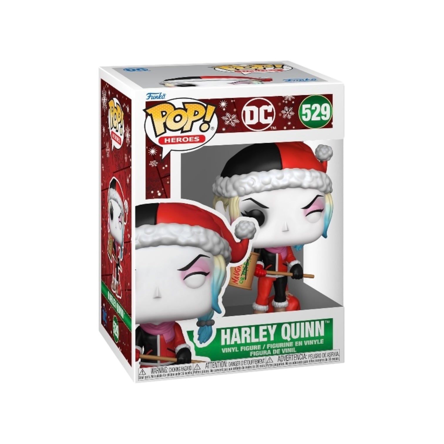 Funko Pop! figure of Harley Quinn #529 dressed in a festive holiday outfit, featuring her signature colors and playful pose.
