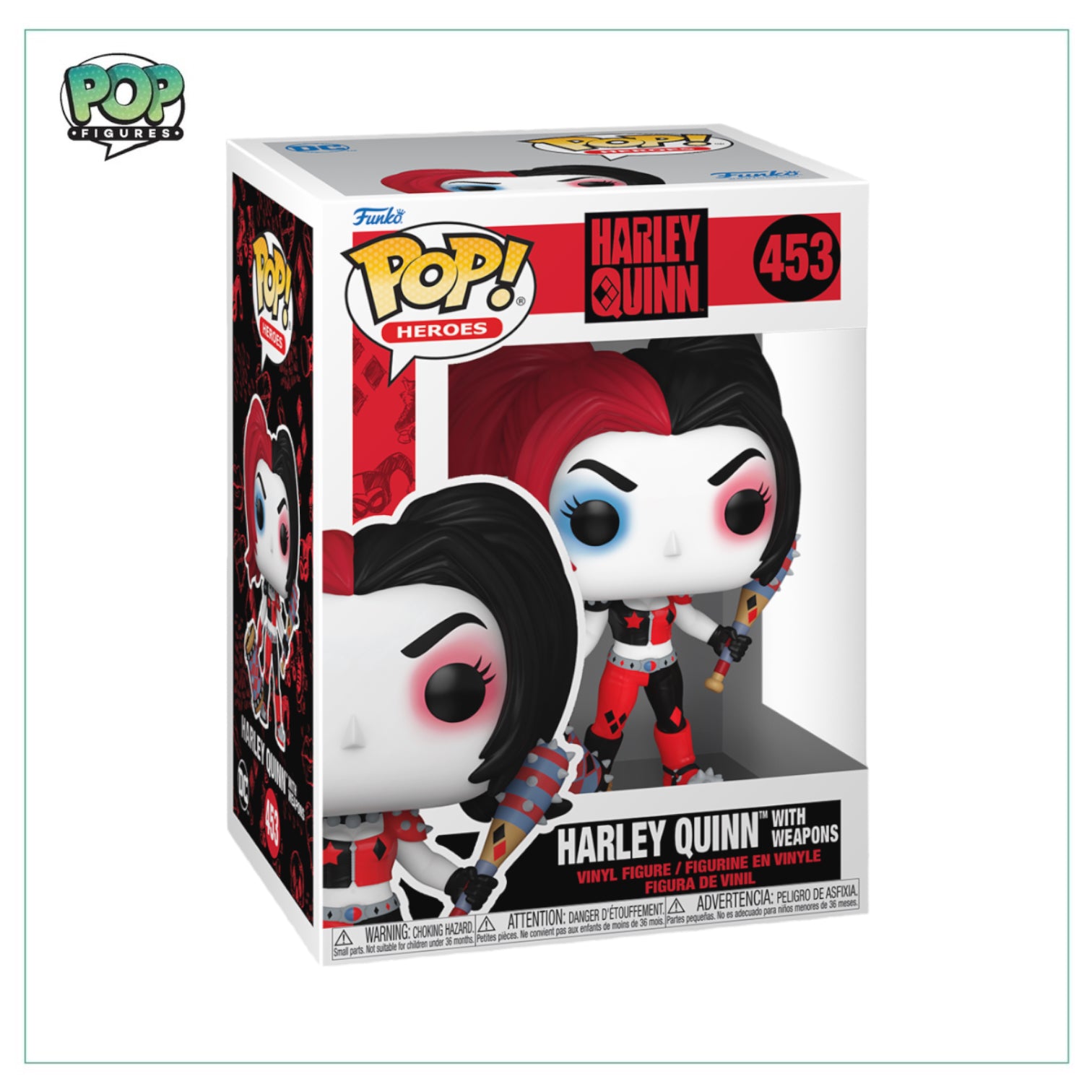  Funko Pop! figure of Harley Quinn holding various weapons, featuring her iconic red and black costume and playful expression.
