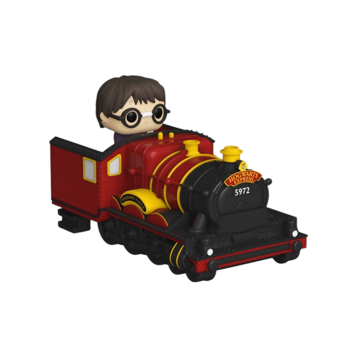 Toy train with a character on top, resembling Harry Potter, on a white background