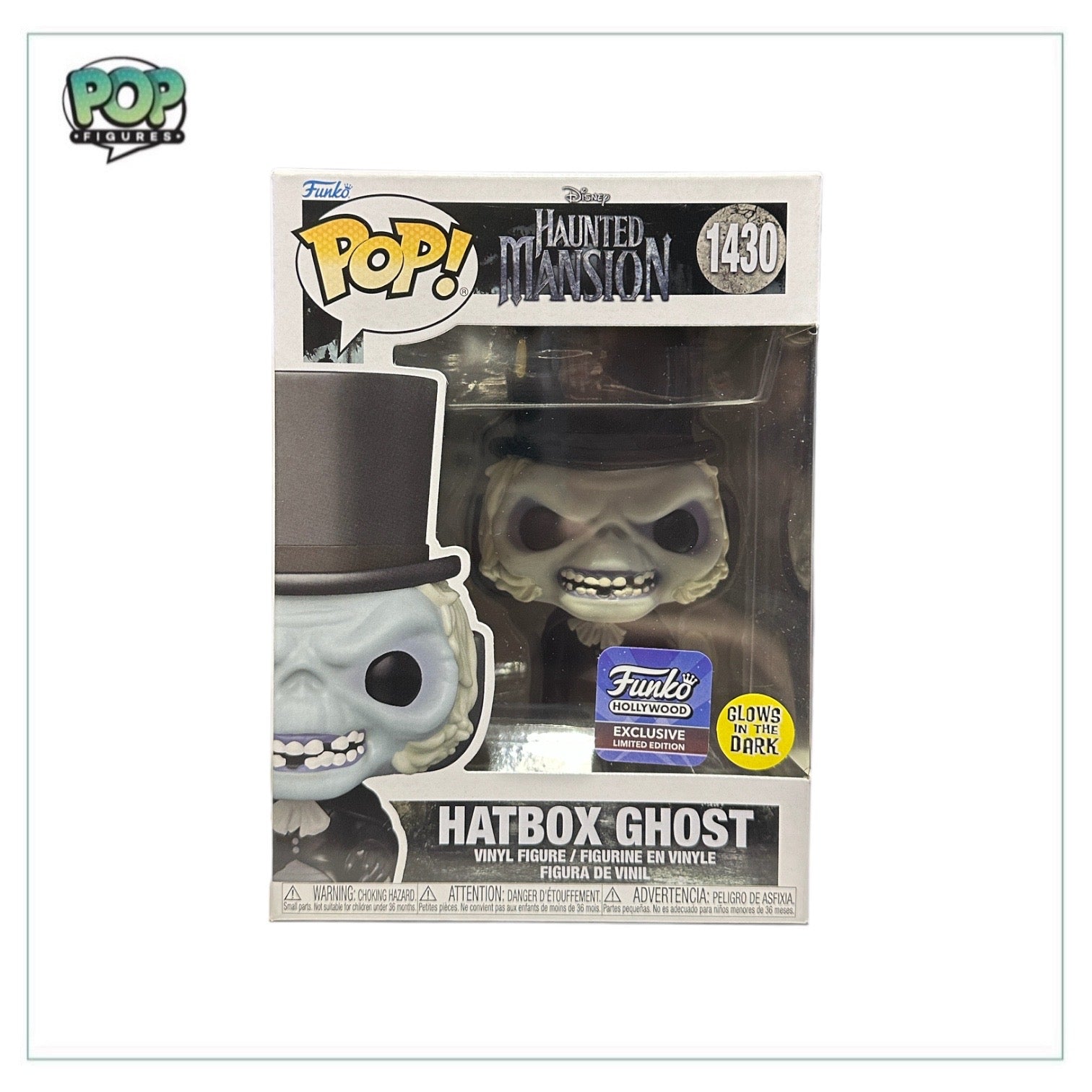Funko Pop! Hatbox Ghost #1430 from Haunted Mansion, glows in the dark, exclusive to Funko Hollywood.