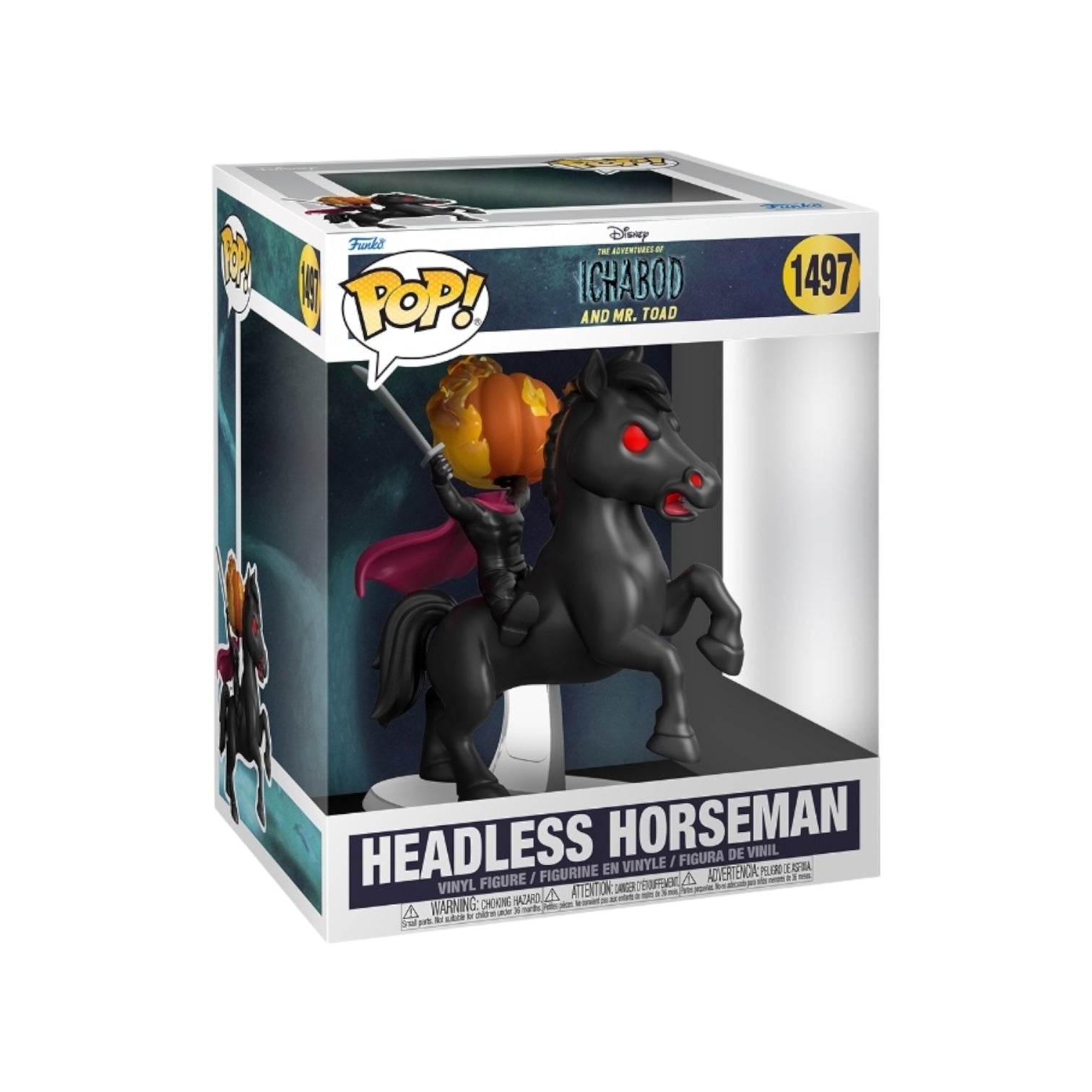 Funko Pop! figure of the Headless Horseman from The Adventures of Ichabod and Mr. Toad, featuring a pumpkin head and cape.