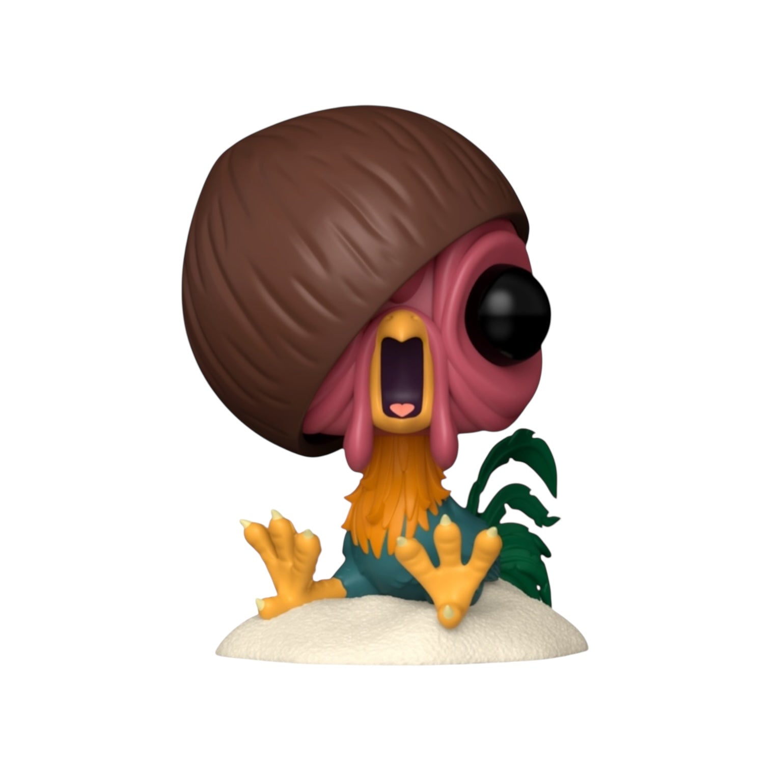 Colorful figurine with a large head and open mouth on a white background