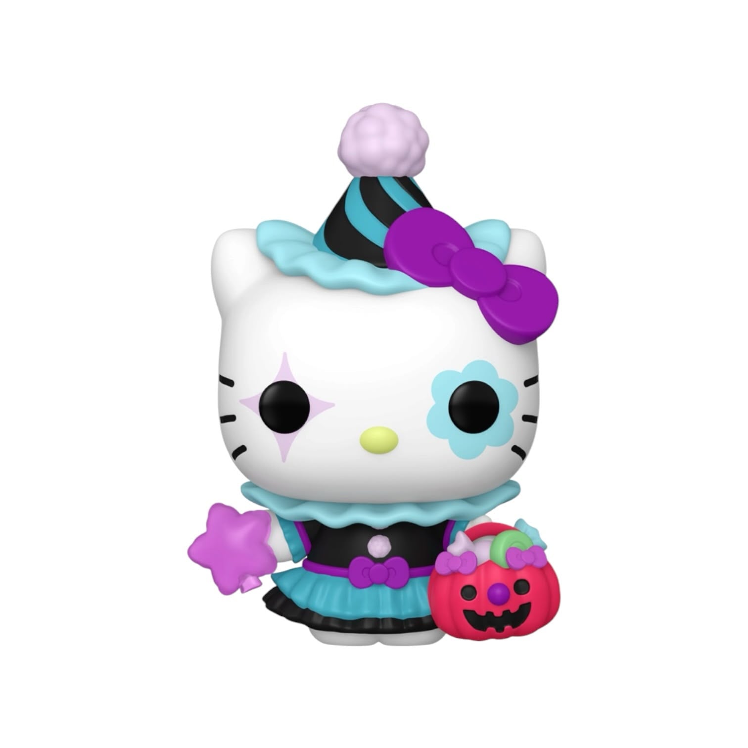 Colorful Halloween-themed figurine of a cat character with a witch outfit on a white background