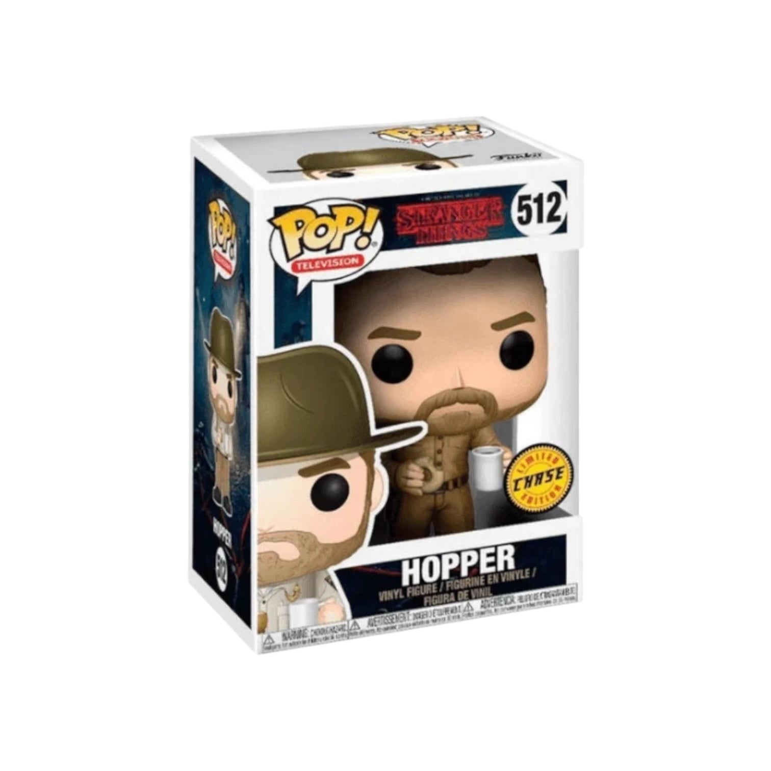 Funko Pop! vinyl figure packaging with 'Hopper' and 'Chase' labels on a white background
