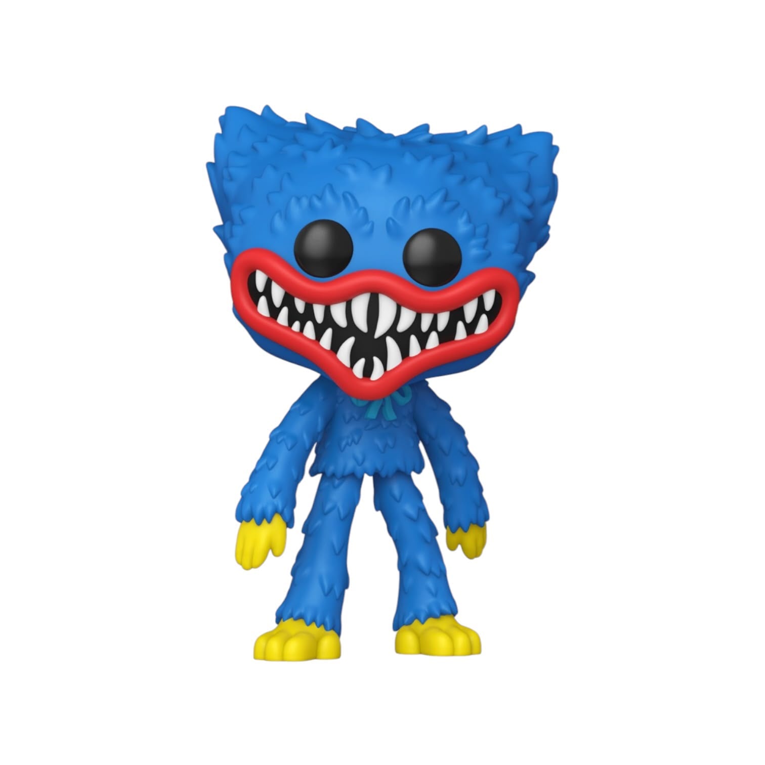 Blue monster figurine with a red mouth and yellow feet on a white background