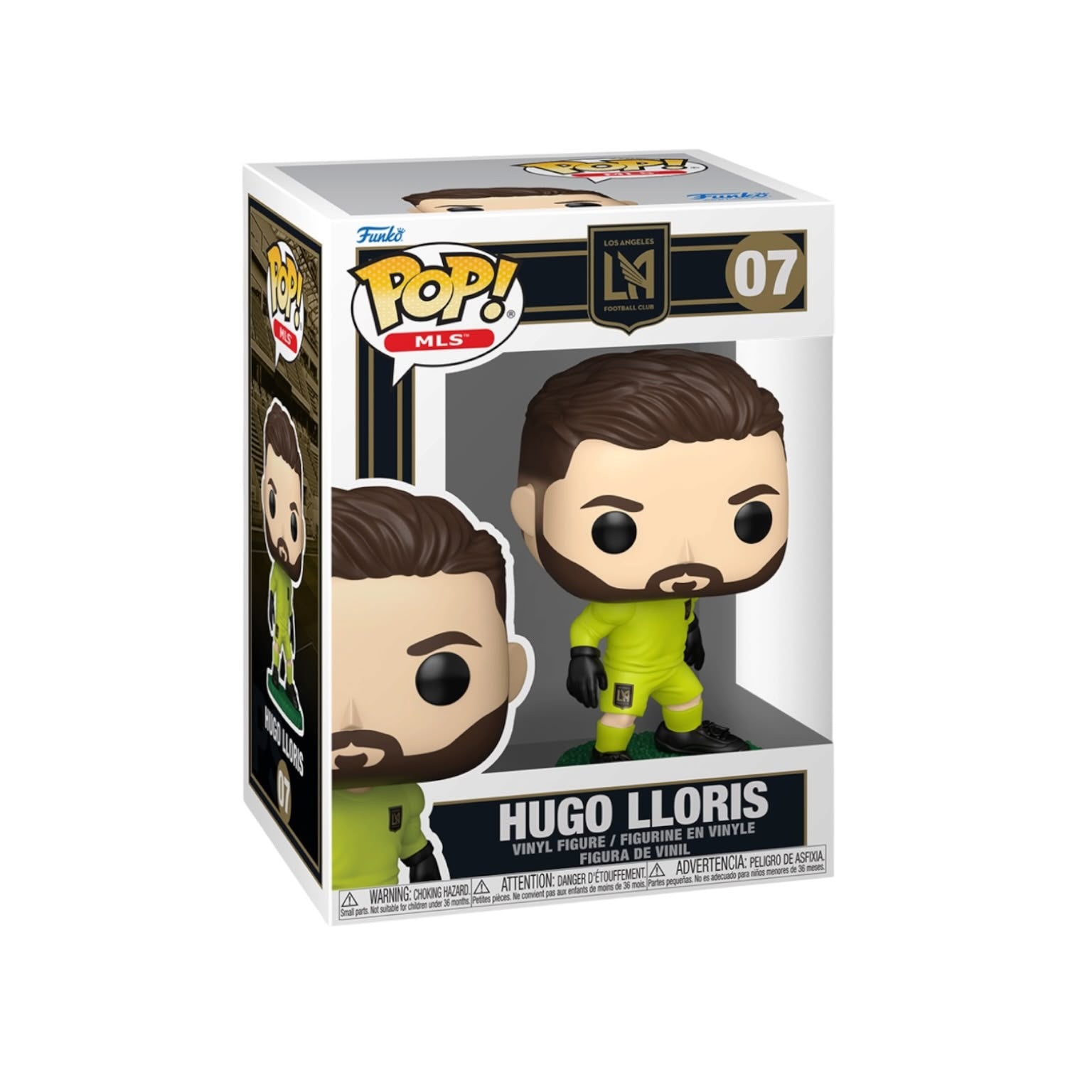 Funko Pop! Vinyl Figure of Hugo Lloris, number 07 from the MLS Los Angeles Lakers series, shown in its original window box packaging against a white background.