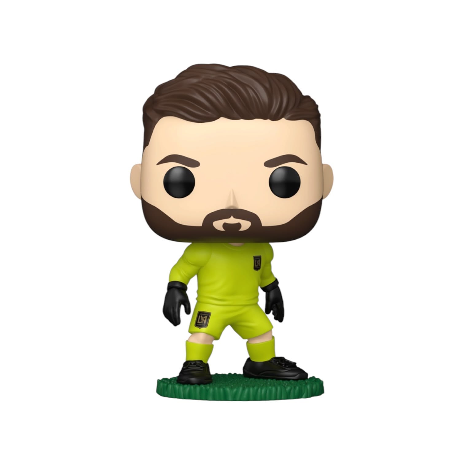 A Funko Pop! vinyl figure of a soccer goalkeeper with brown hair and beard, wearing a bright yellow-green uniform with black gloves and boots, standing on a green grass base against a white background.