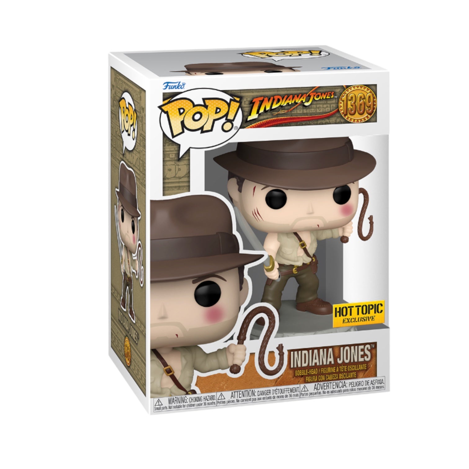 Funko Pop! figure of Indiana Jones holding a sword and whip, exclusive to Hot Topic, featuring detailed character design.