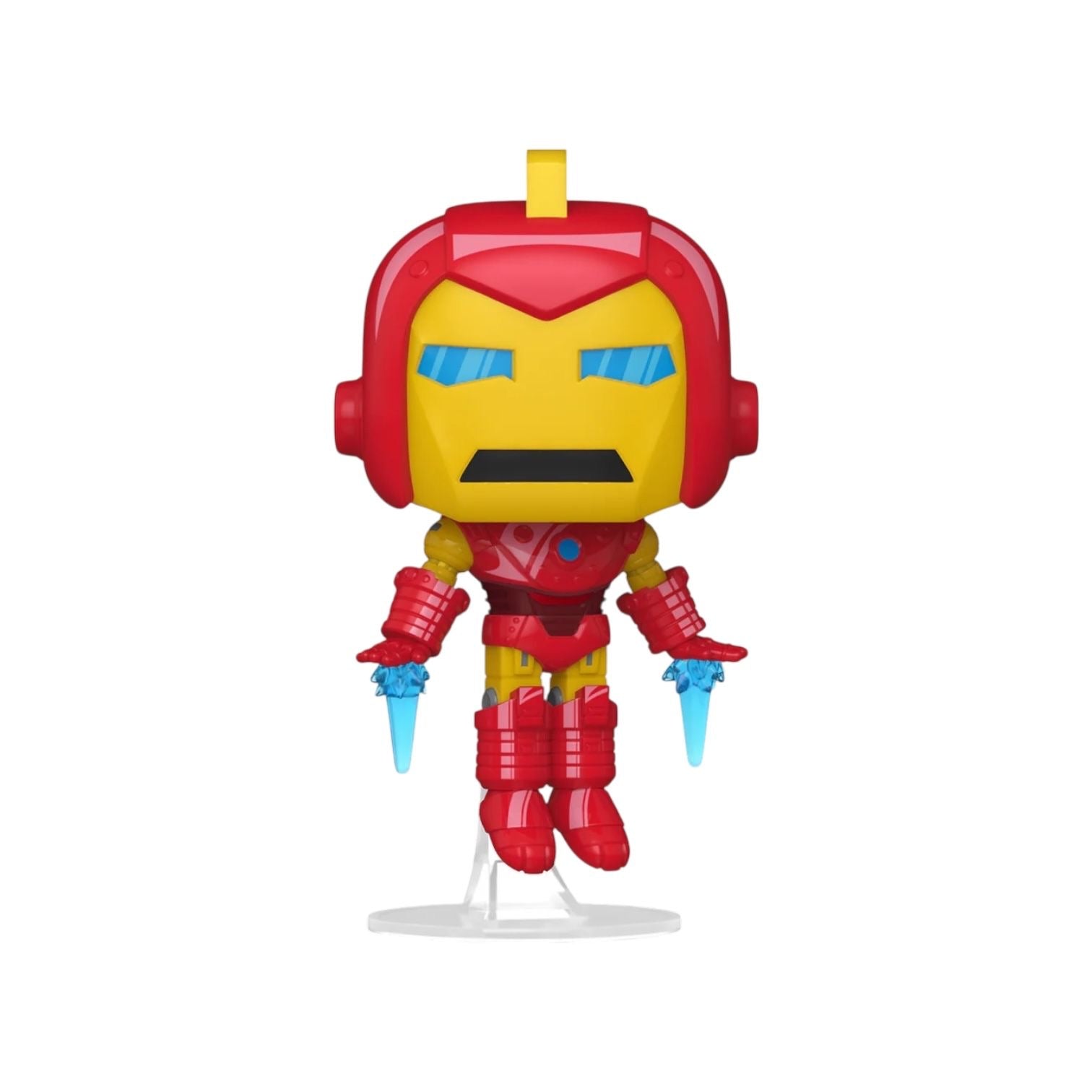 Toy figure of a character in red and yellow armor with blue accents on a white background