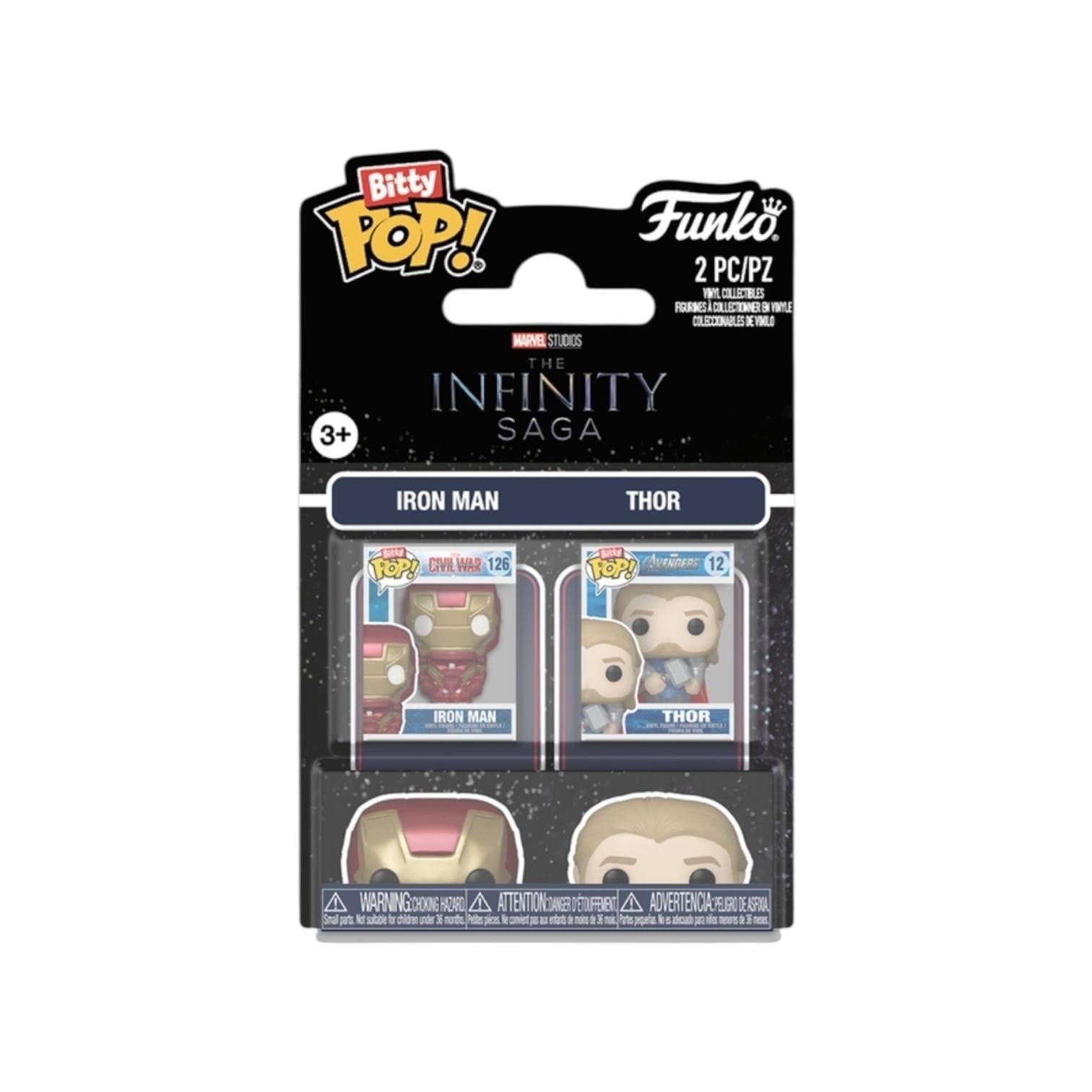 Iron man and Thor Bitty pop in packaging on a white background 